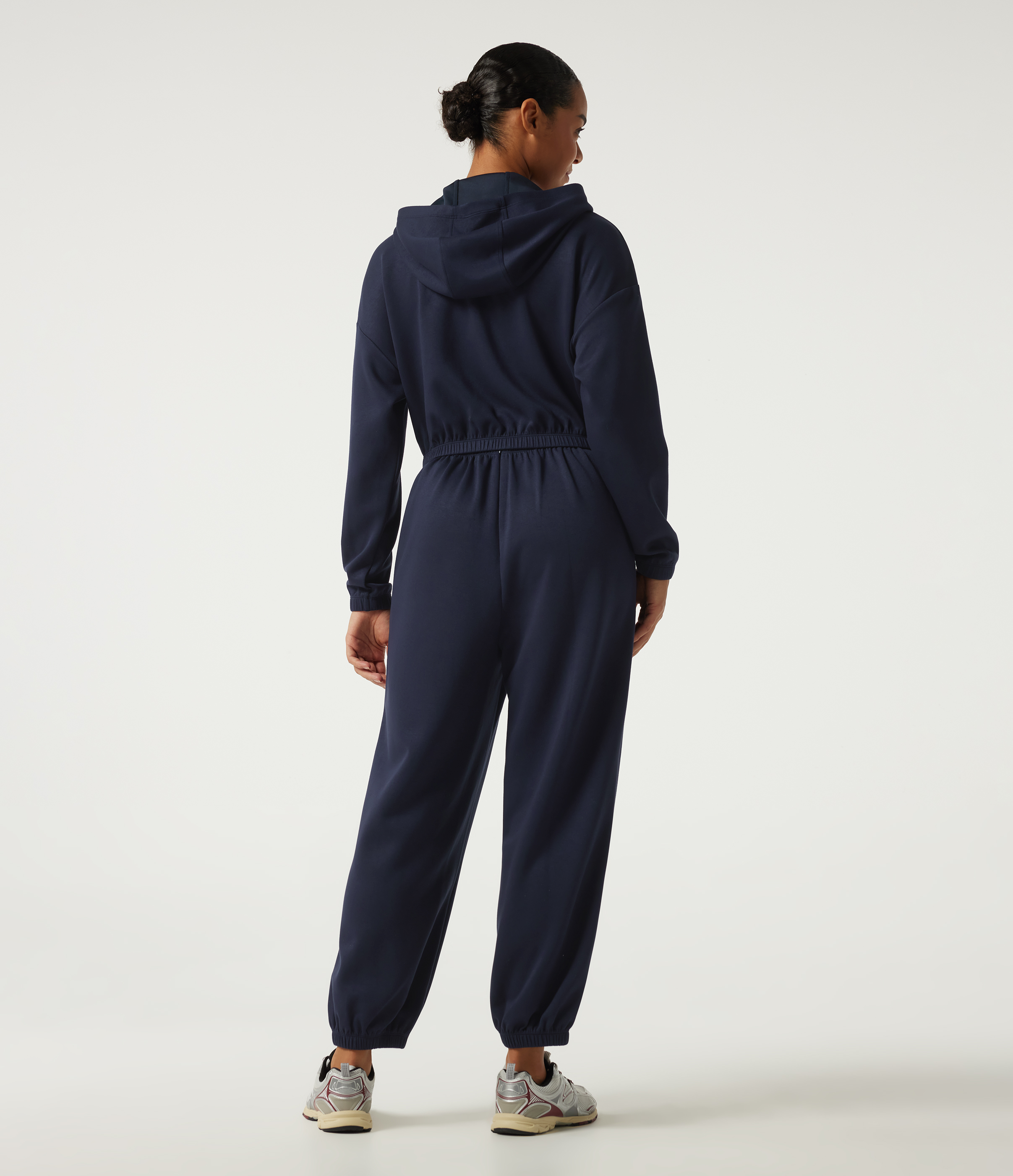 Midnight Blue Hooded Dropped Long Sleeve Half Zip Tie Front Casual Jogger Jumpsuit with Pockets-Easy Peezy Edition / 2