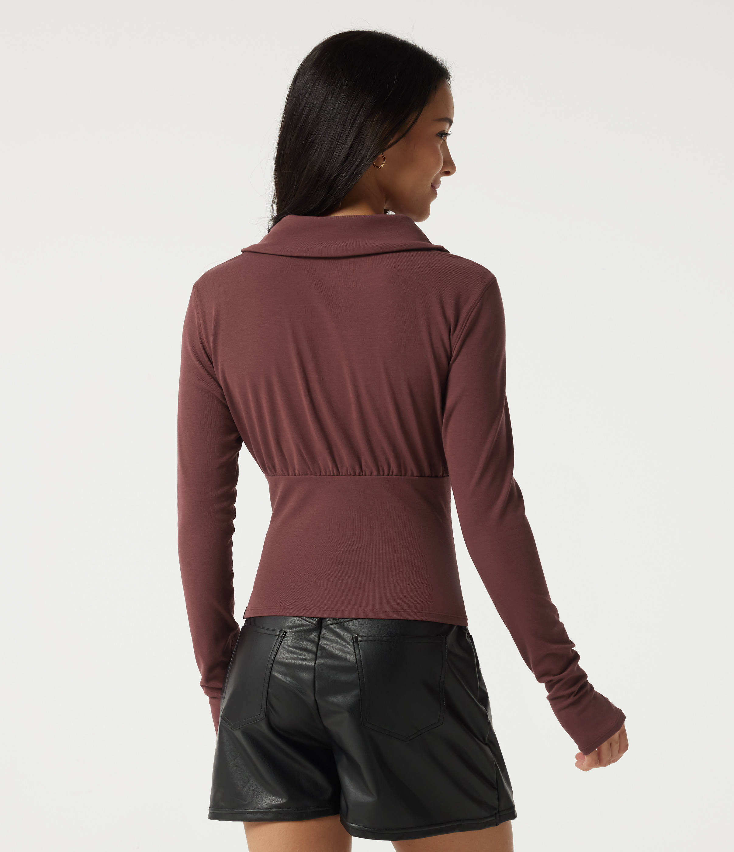 Dark Chestnut Cowl Neck Long Sleeve Casual Top with Thumbholes / 2