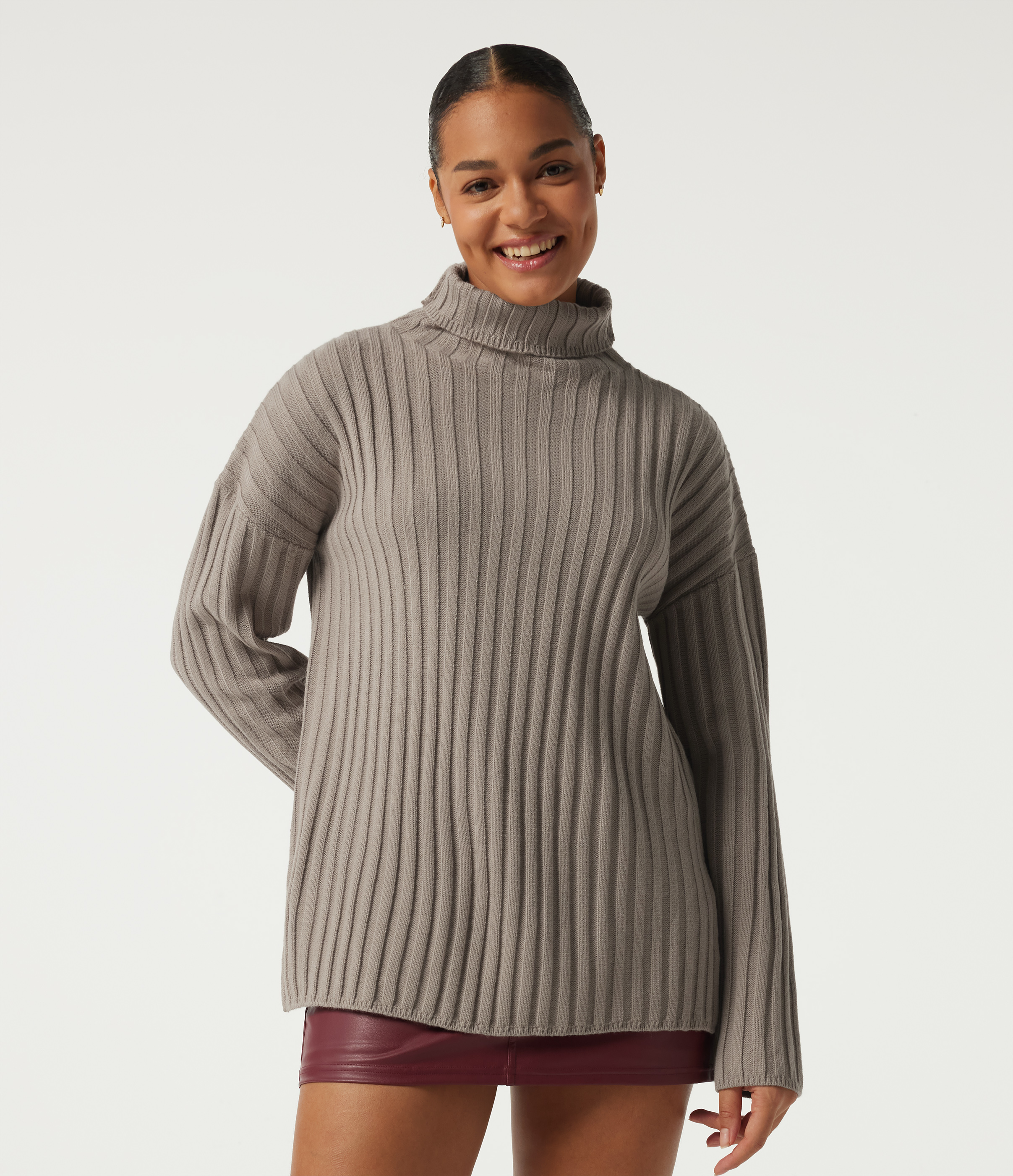 Ribbed Knit High Neck Dropped Long Sleeve Work Sweater