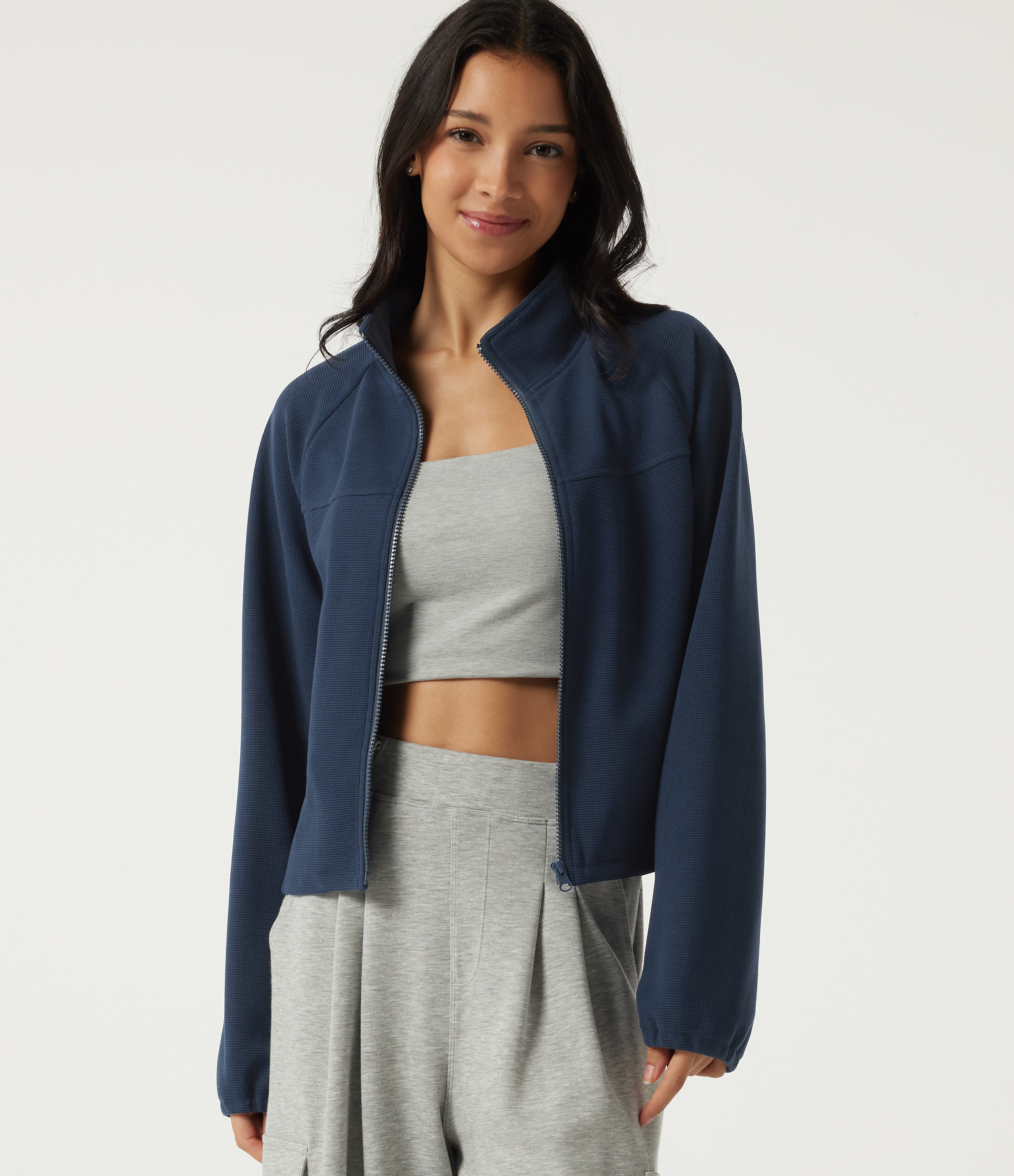 Stand Collar Raglan Long Sleeve Waffle Casual Windbreaker Jacket with Pockets