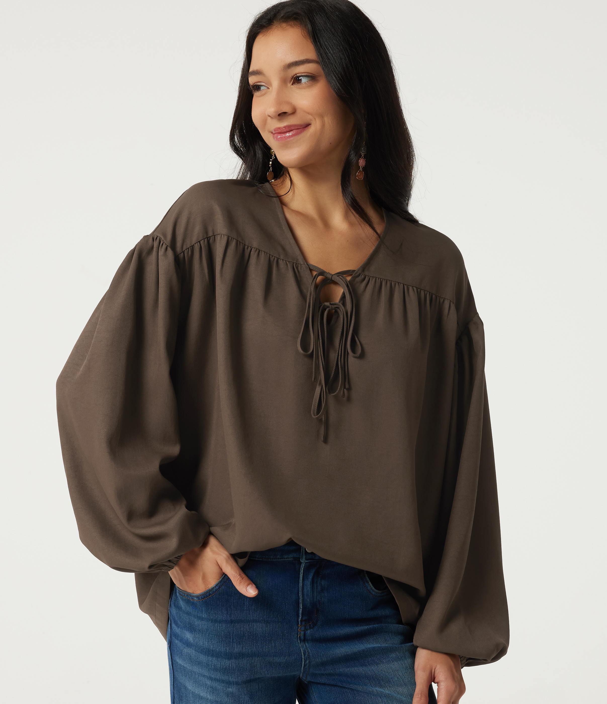 V Neck Dropped Long Sleeve Tie Front Casual Blouse