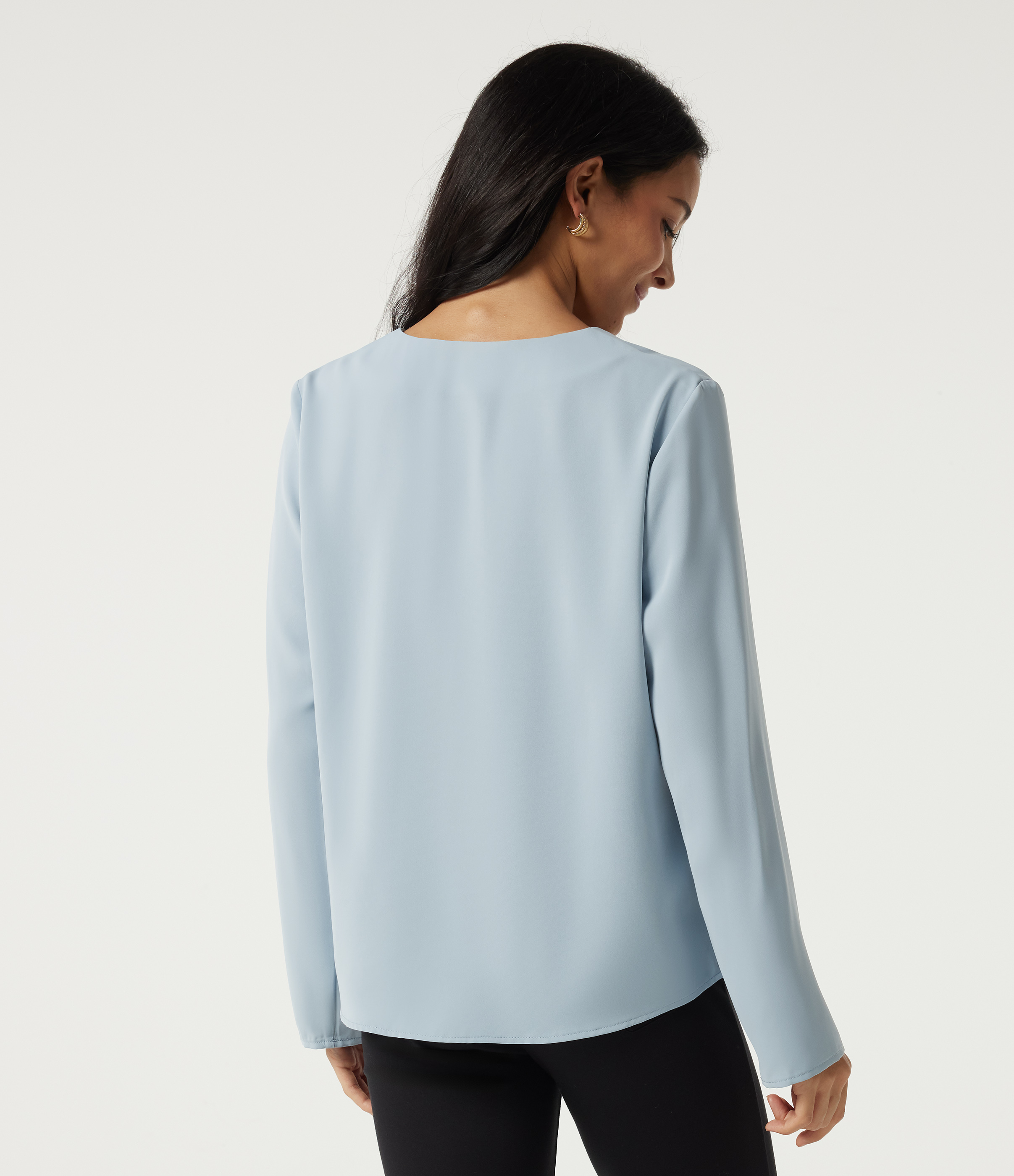 Baby Blue V Neck Long Sleeve Casual Blouse / 2
