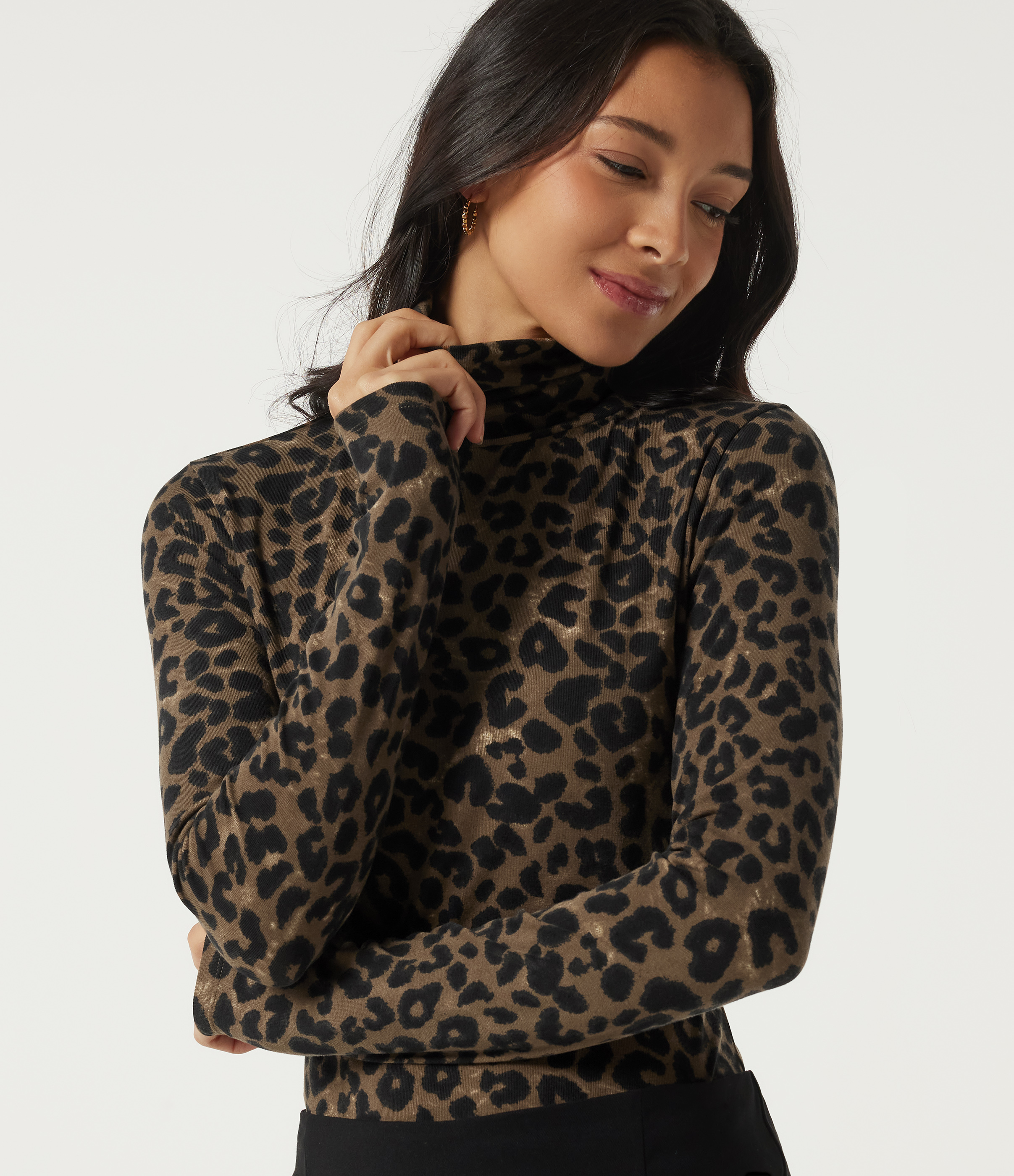 Stacked Mock Neck Long Sleeve Leopard Print Casual T-Shirt