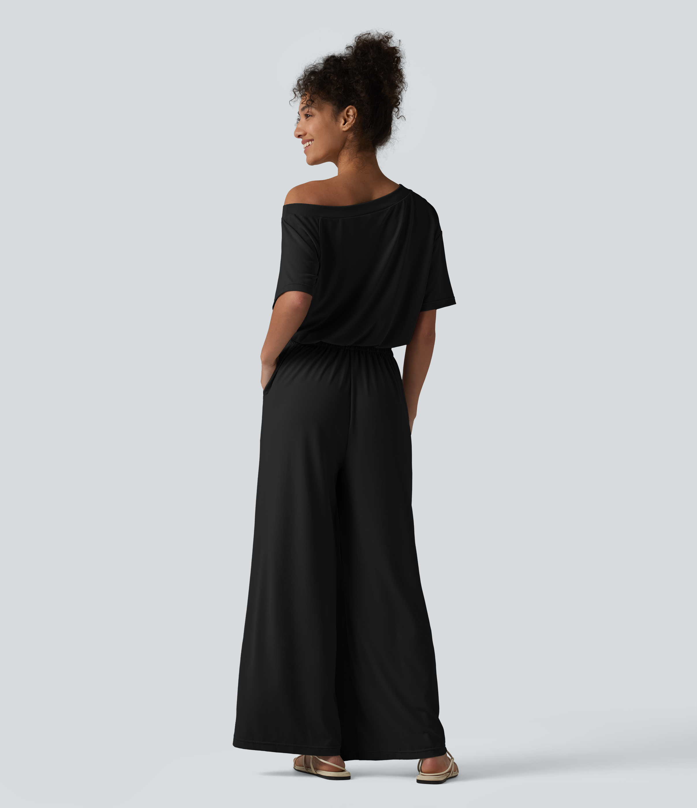Black Boat Neck Short Sleeve Drawstring Baggy Casual Jumpsuit with Pockets-Easy Peezy Edition / 2