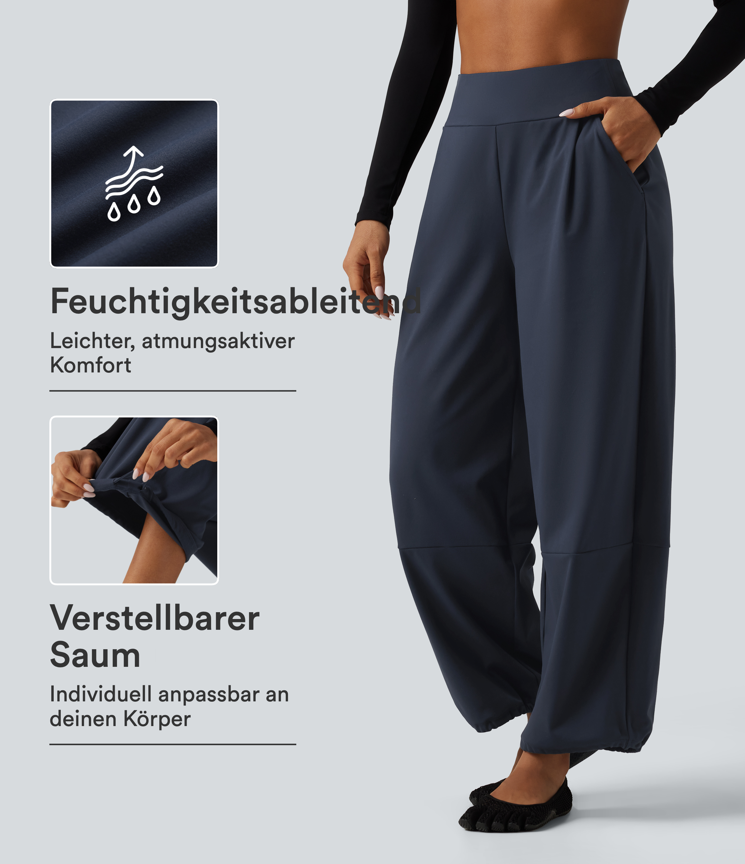 Yogahose mit hohem Bund, Seitentaschen, Kordelzug und weitem Bein
