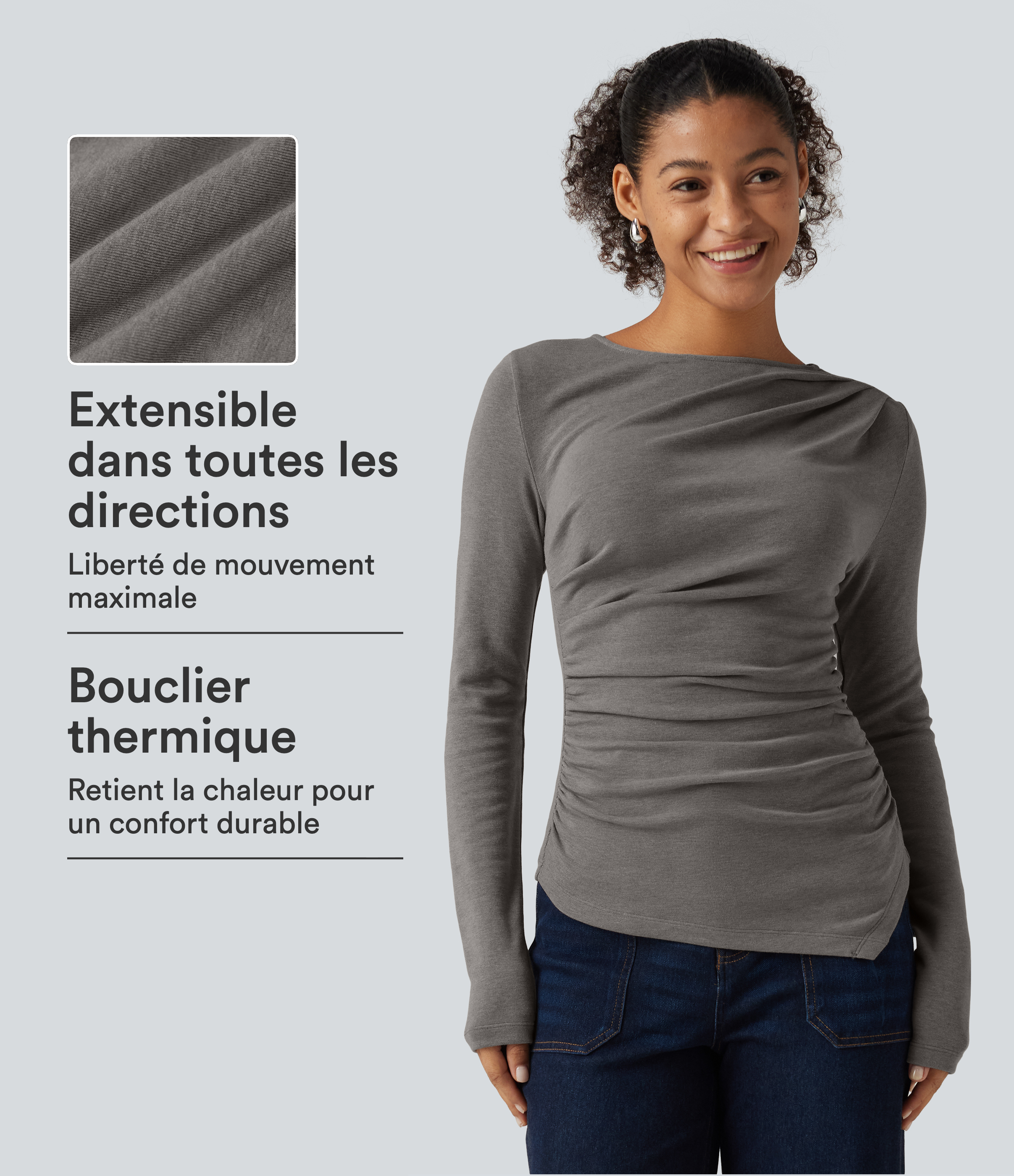 Haut thermique à encolure bateau, manches longues, fronces et ourlet asymétrique