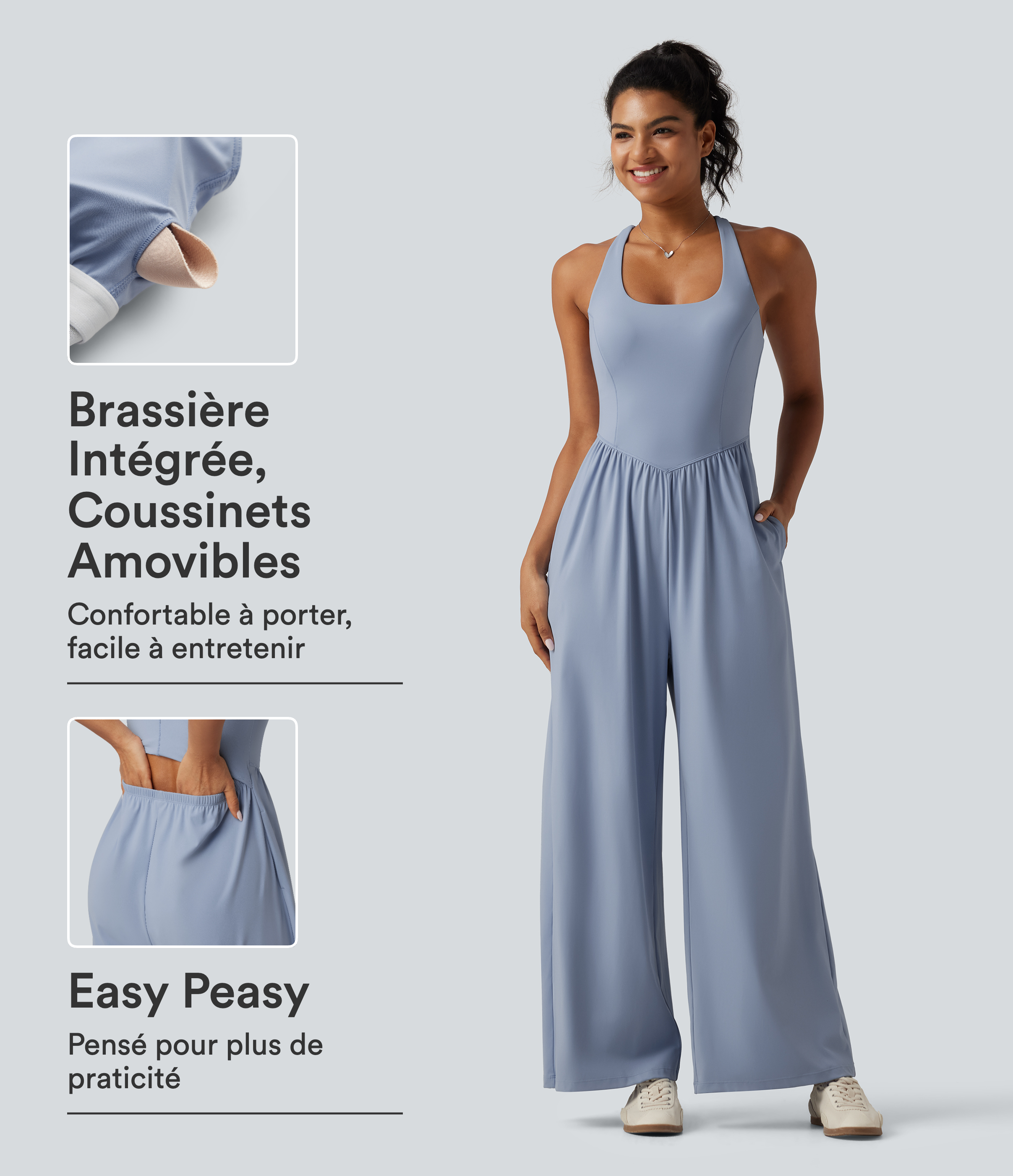 Light Grey Blue Combinaison de danse accès facile Easy Peasy SoftlyZero™ Airy effet frais InstantCool à encolure en U, dos croisé avec coussinets amovibles et poches / 1