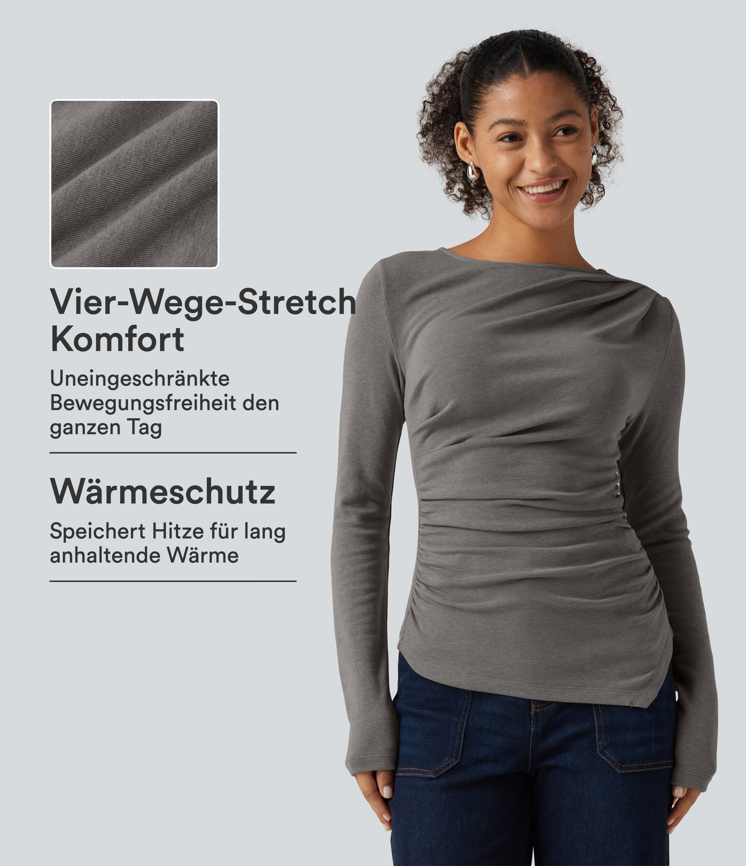 Mottled Cloud Grey Lässiges, gerafftes Thermo-Top mit U-Boot-Ausschnitt, langen Ärmeln und asymmetrischem Saum / 1