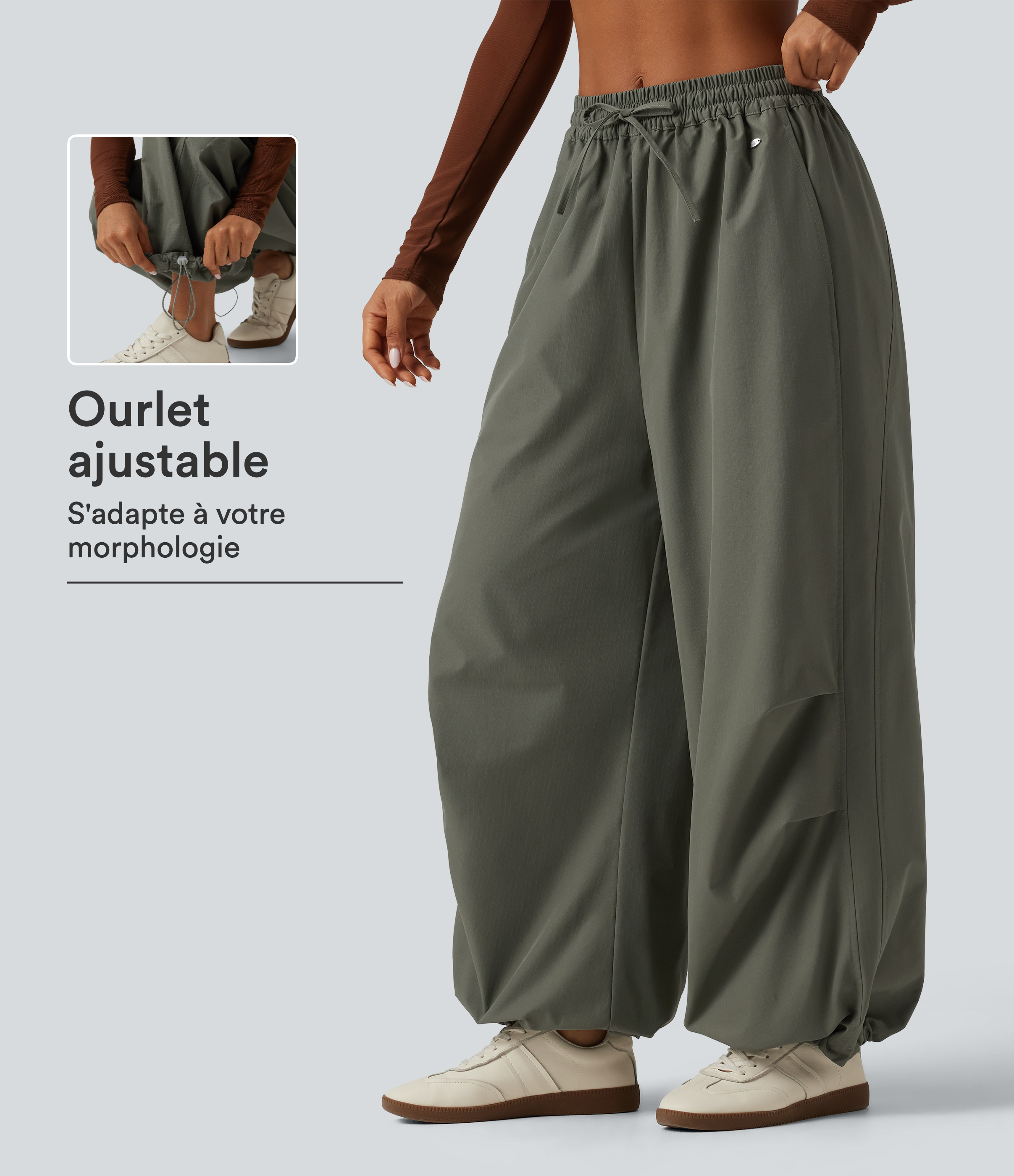 Pantalon cargo de randonnée baggy à taille mi-haute avec cordons ajustables et poches