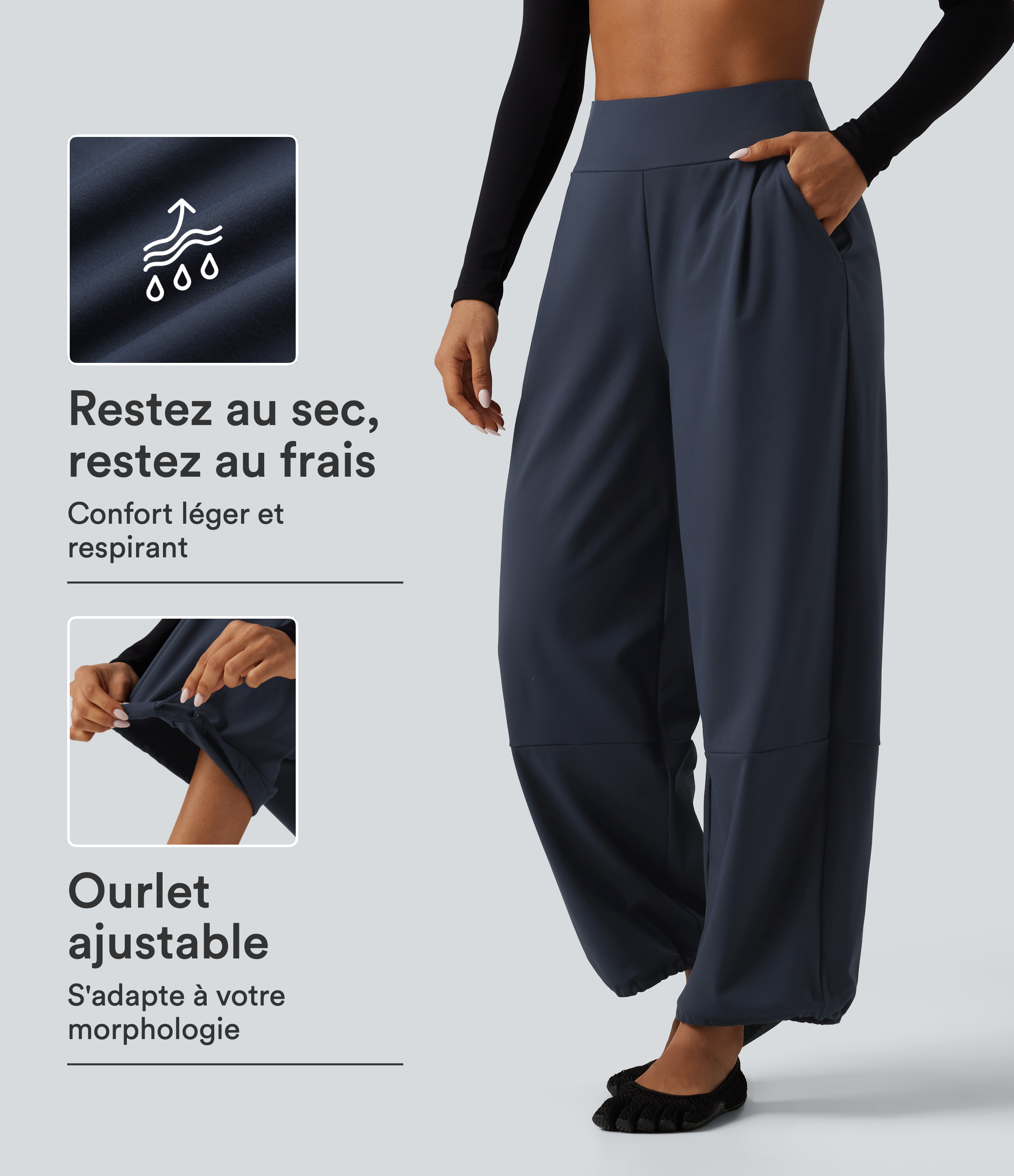 Pantalon de yoga à taille haute et coupe large avec cordon ajustable et poches