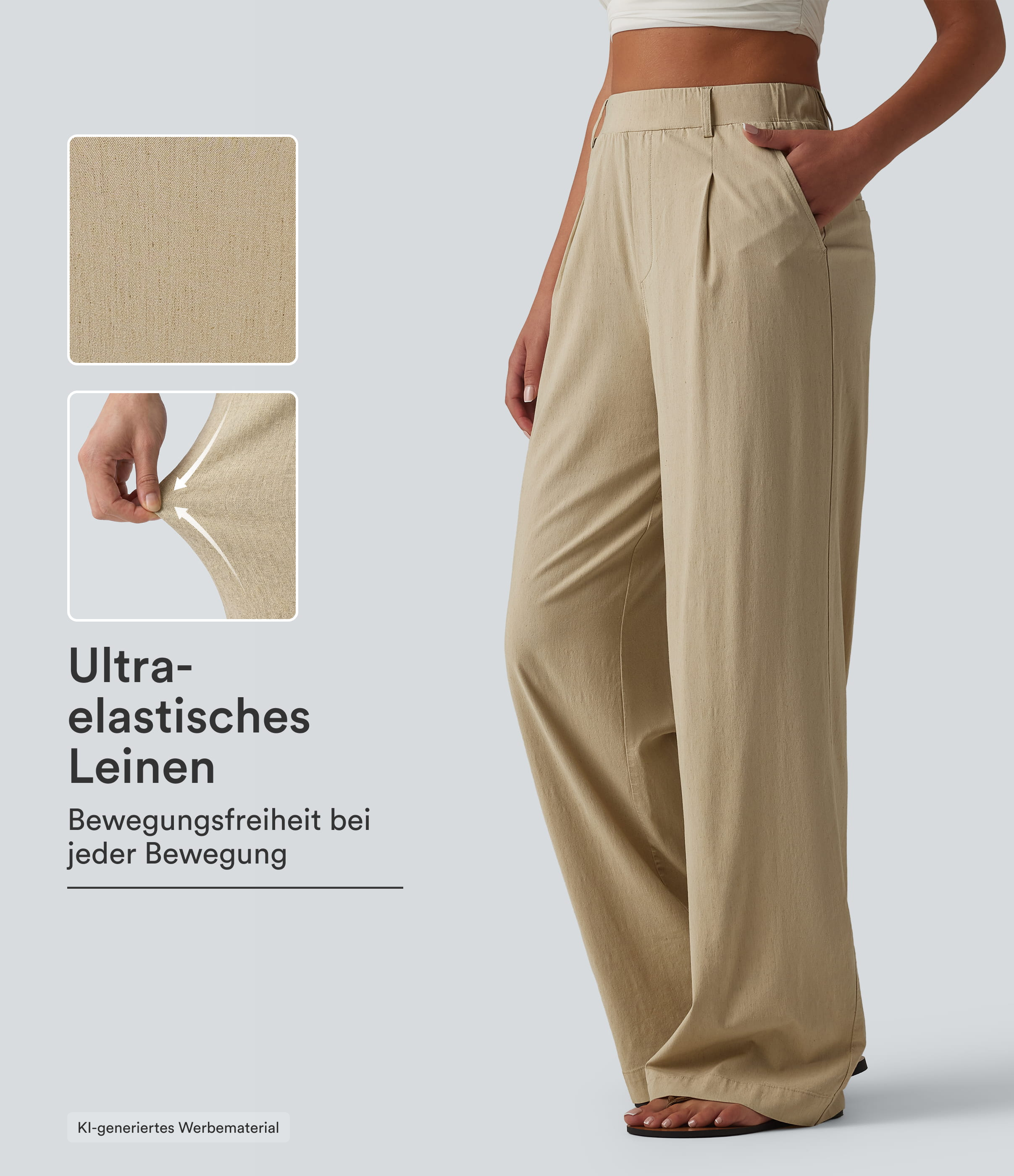 Lässige Hose aus elastischem Leinen mit hohem Bund, Seitentaschen und geradem Bein