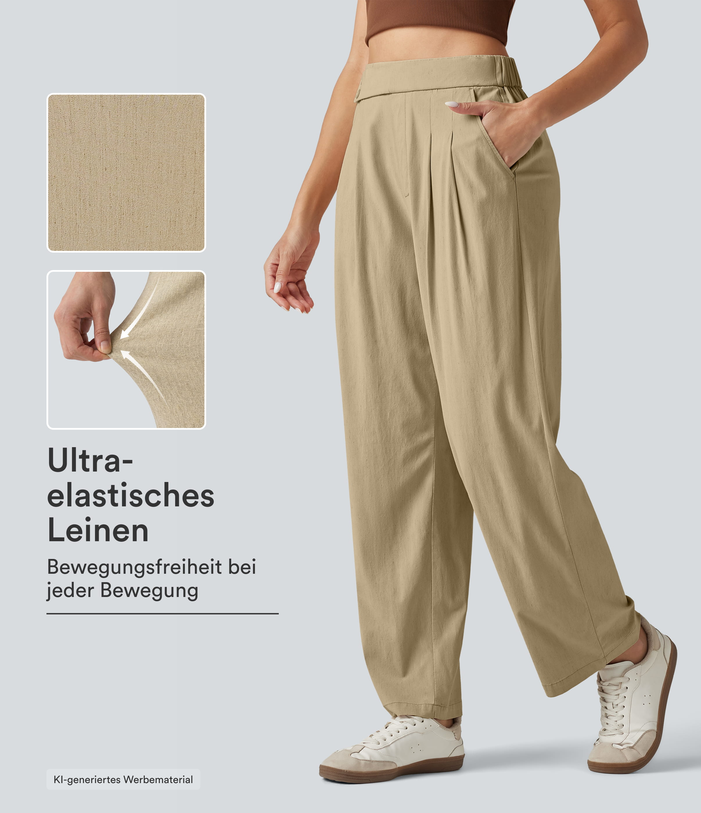 Lässige, schmal zulaufende Hose aus Stretch-Leinen mit hohem Bund und Seitentaschen