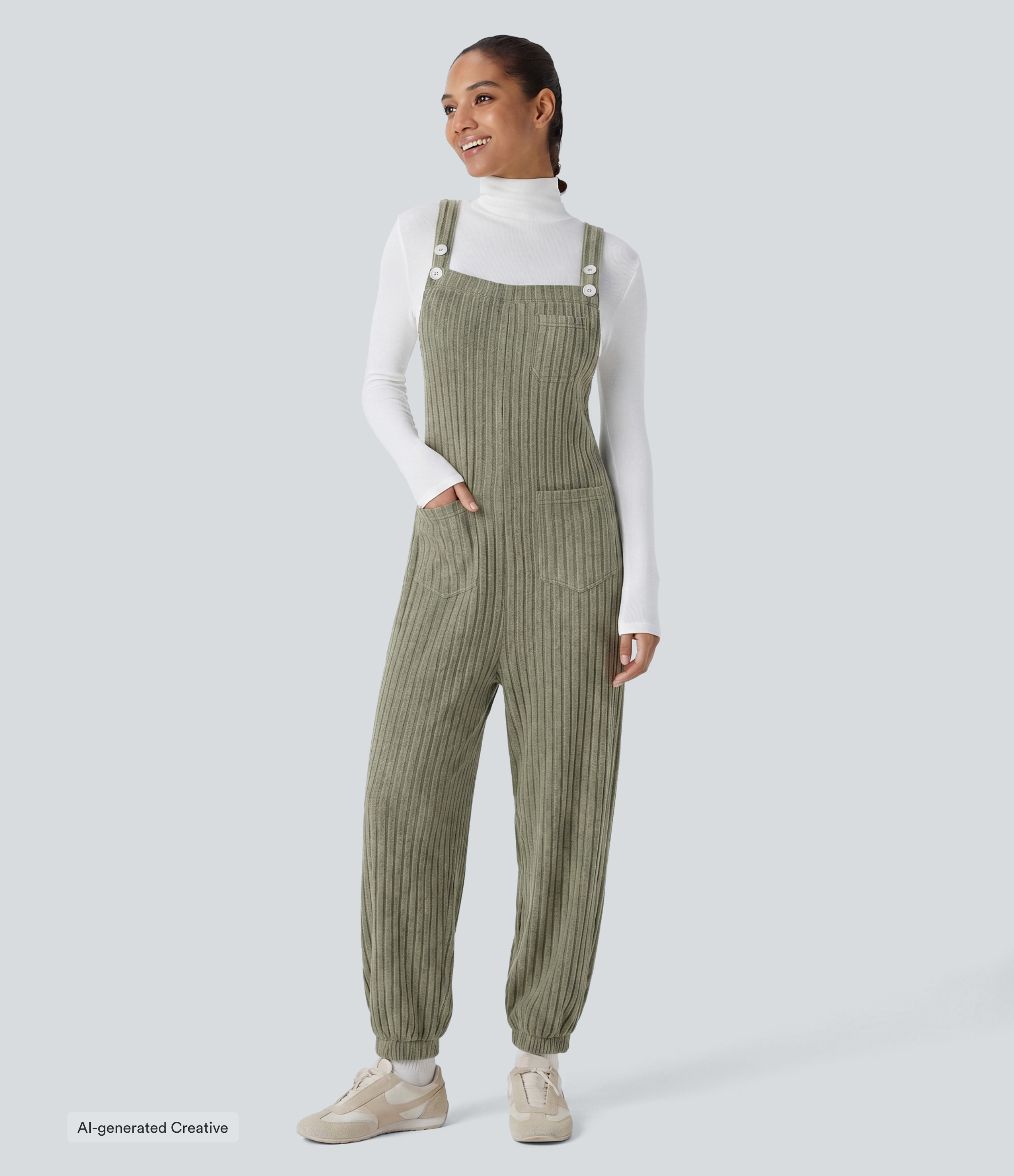 Ribbed Knit Adjustable Straps Casual Joggers Overalls with Pockets