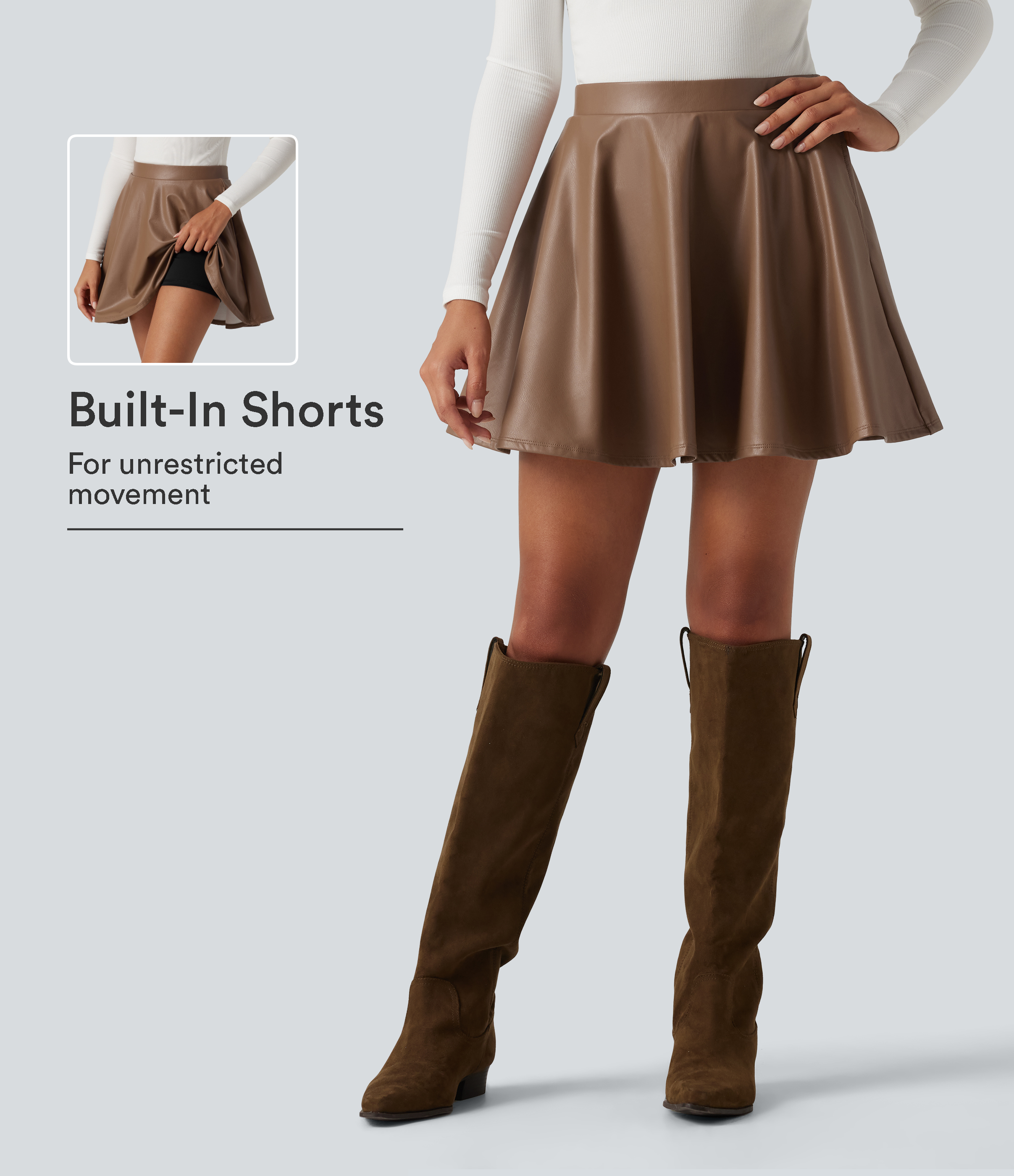 High Waisted 2-in-1 A Line Mini Fleece Casual PU Leather Skirt with Pockets