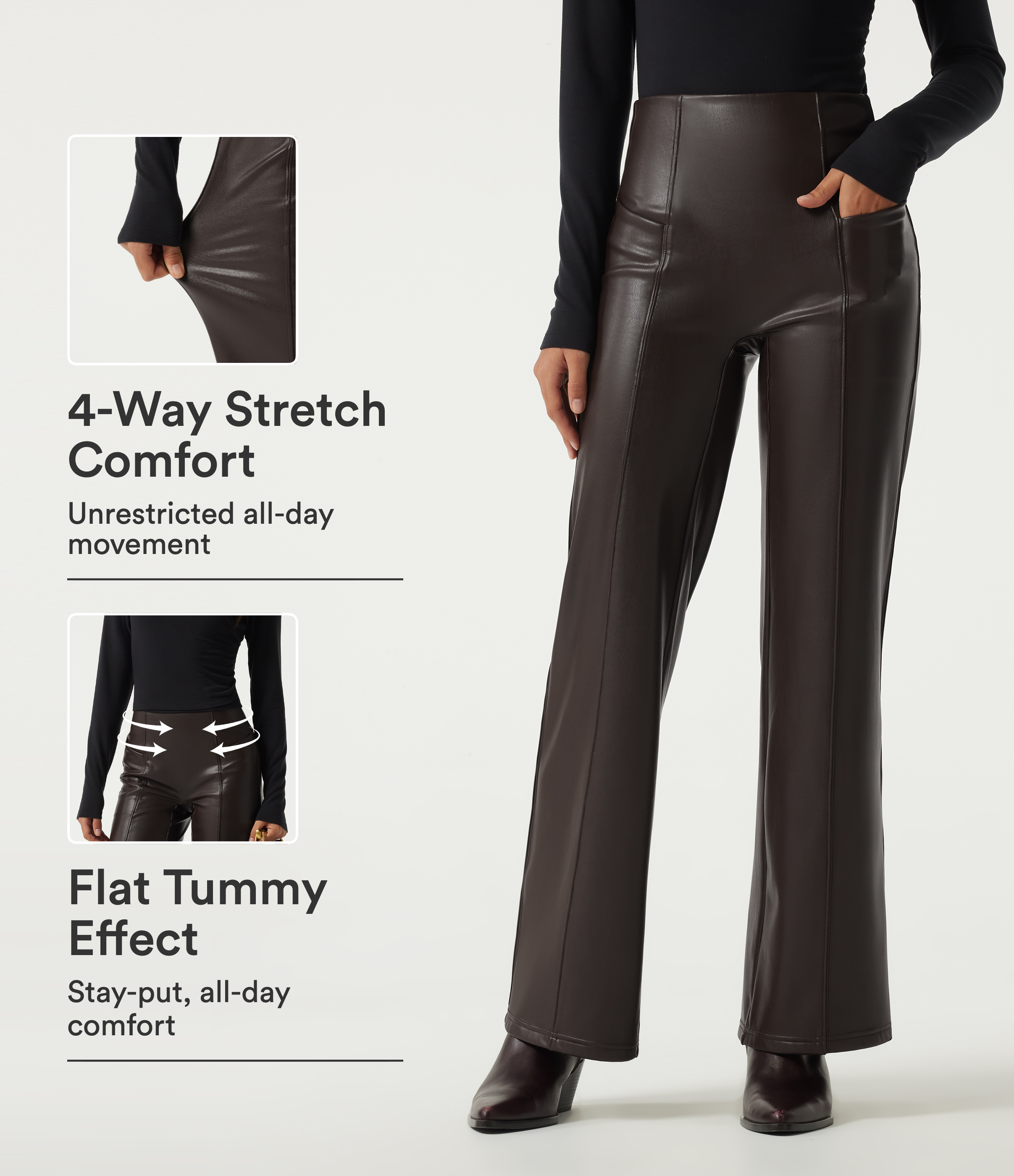 High Waisted Stretchy PU Fleece Tummy Control Casual Flare Pants with Pockets