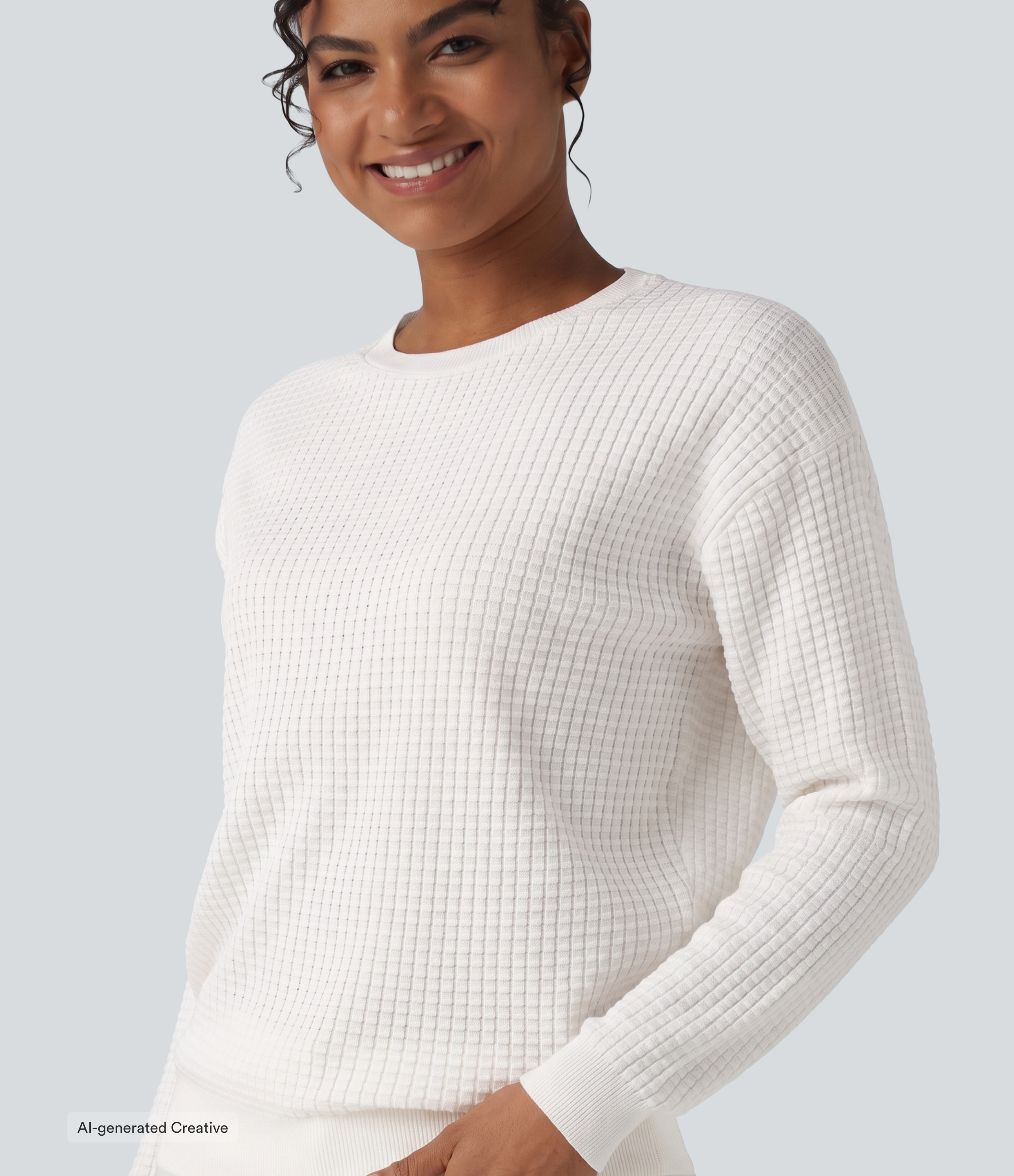 Round Neck Long Sleeve Waffle Casual Sweater