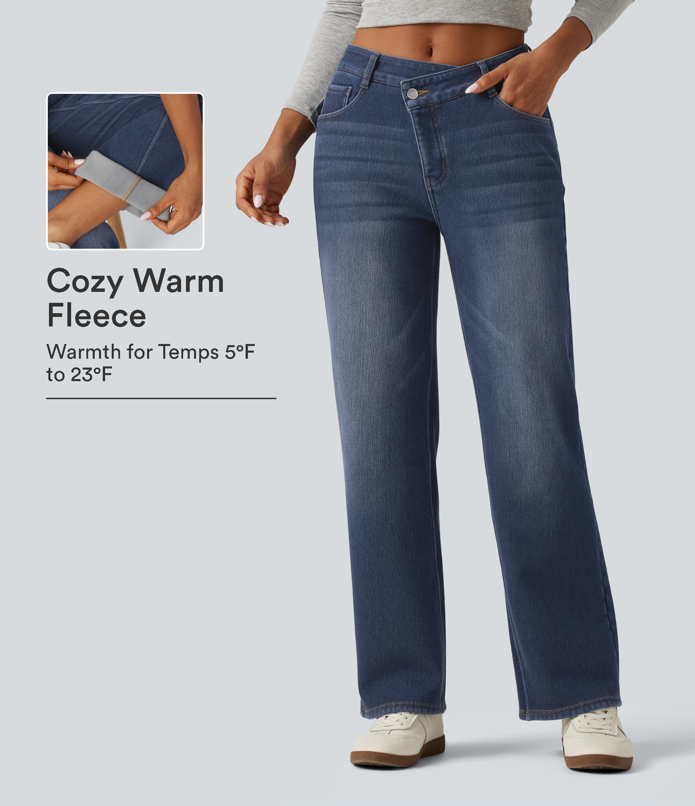 Mid Rise Asymmetric Straight Leg Fleece Casual Jeans with Pockets