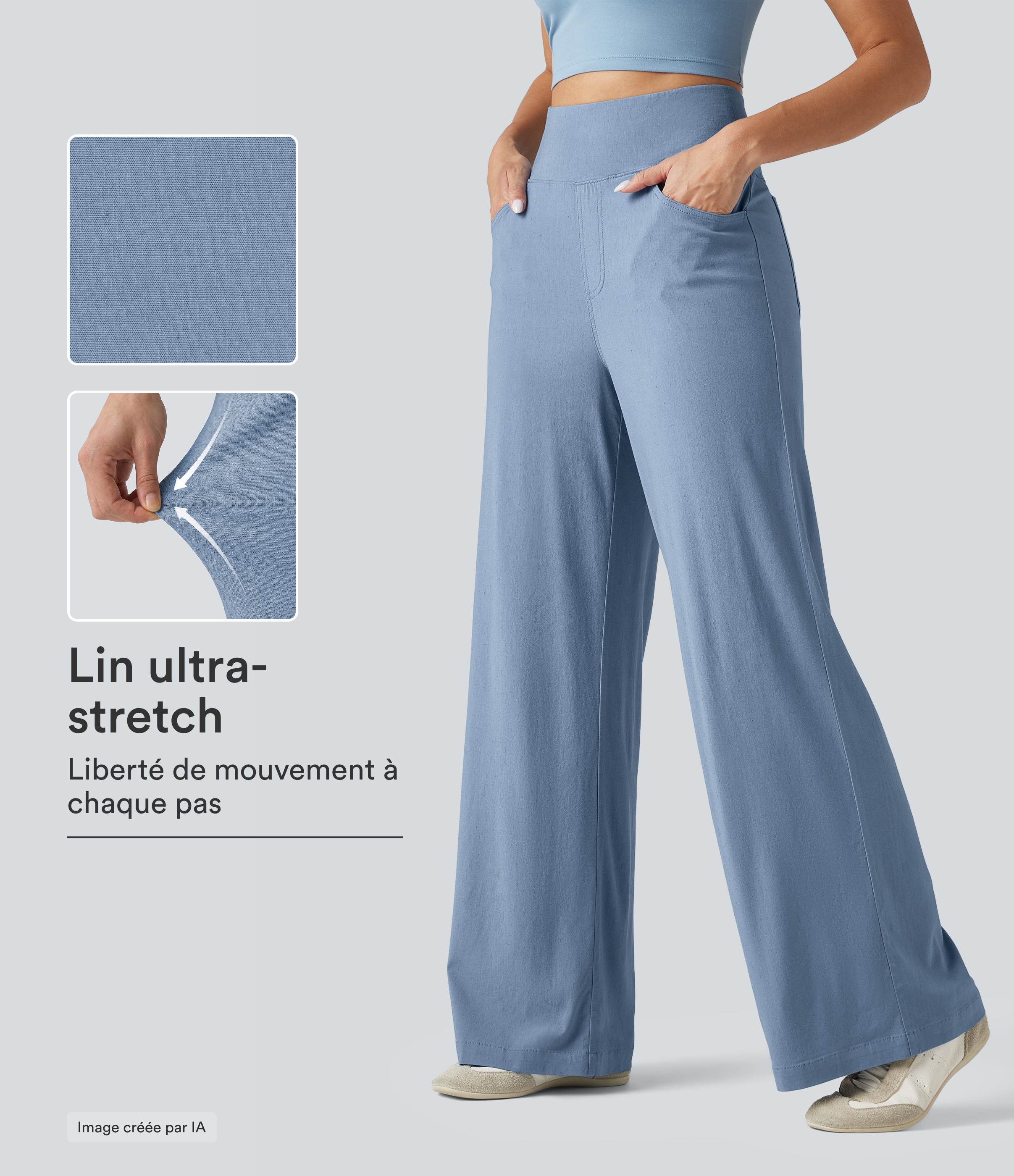 Pantalon large fluide décontracté en lin stretch taille haute gainant avec poches