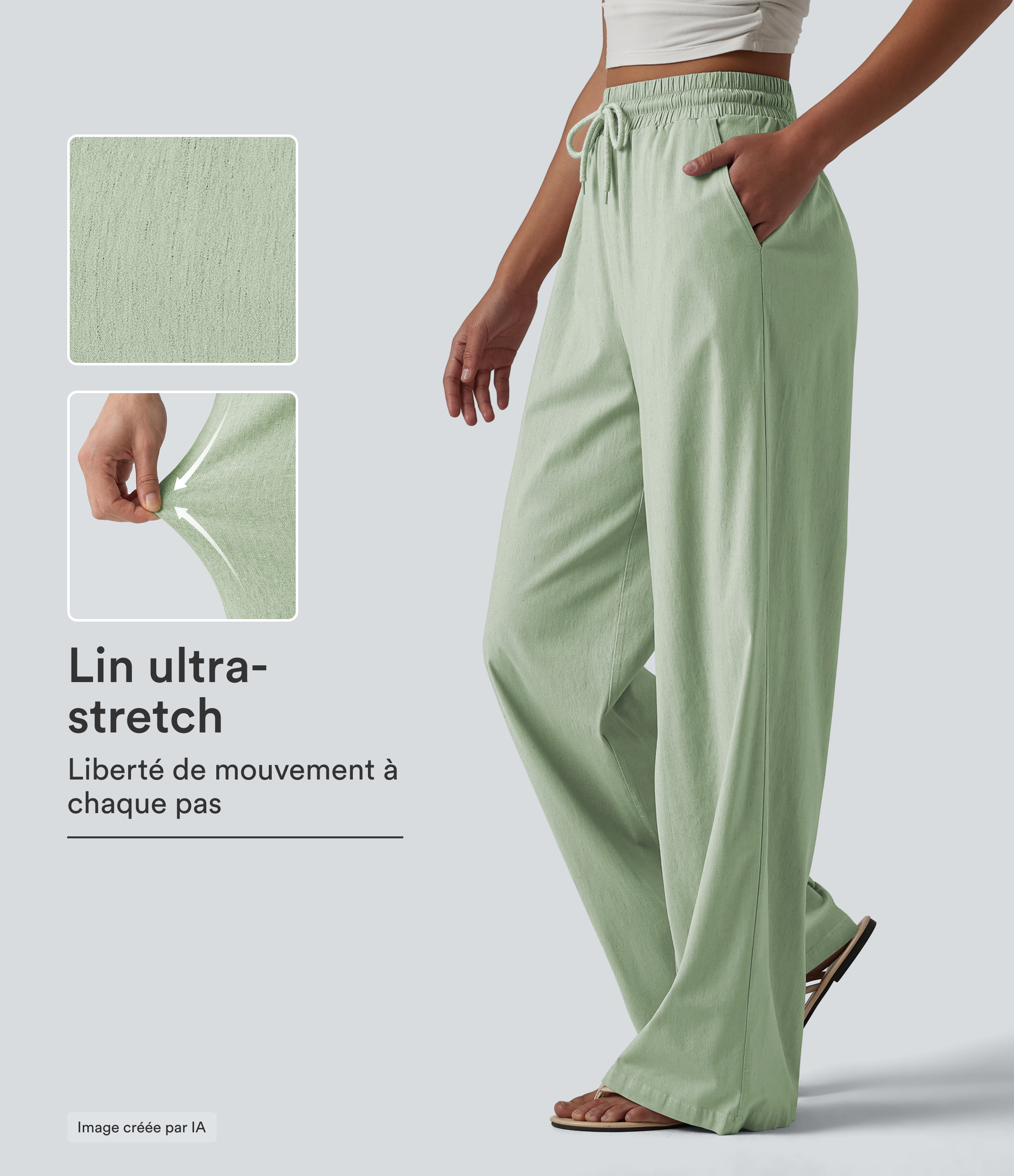 Pantalon taille haute à jambe large, à cordon, en mélange de lin, décontracté, avec poches