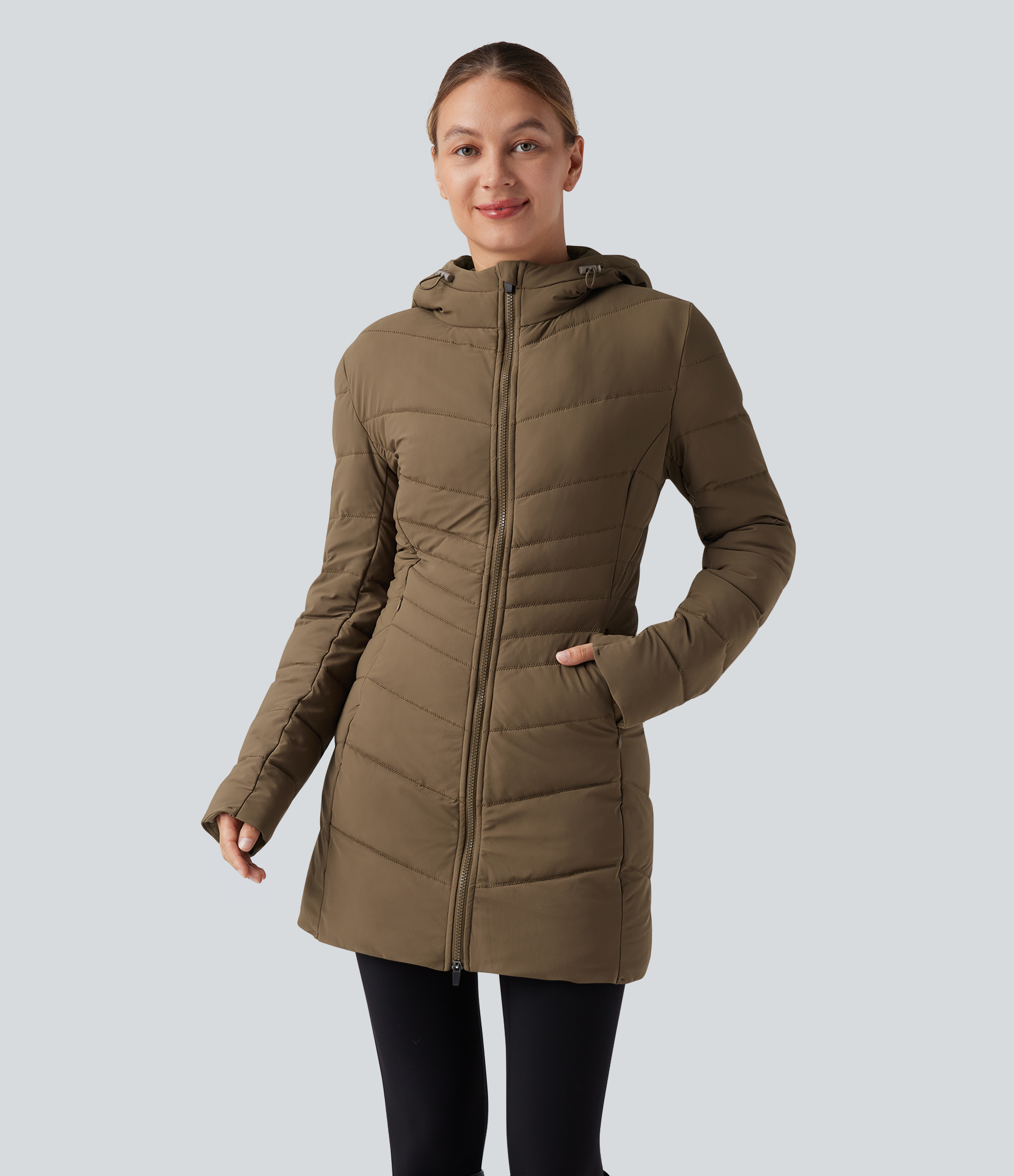 PuffFlex Hooded Longline Stretchy Casual Padded Jacket with Pockets