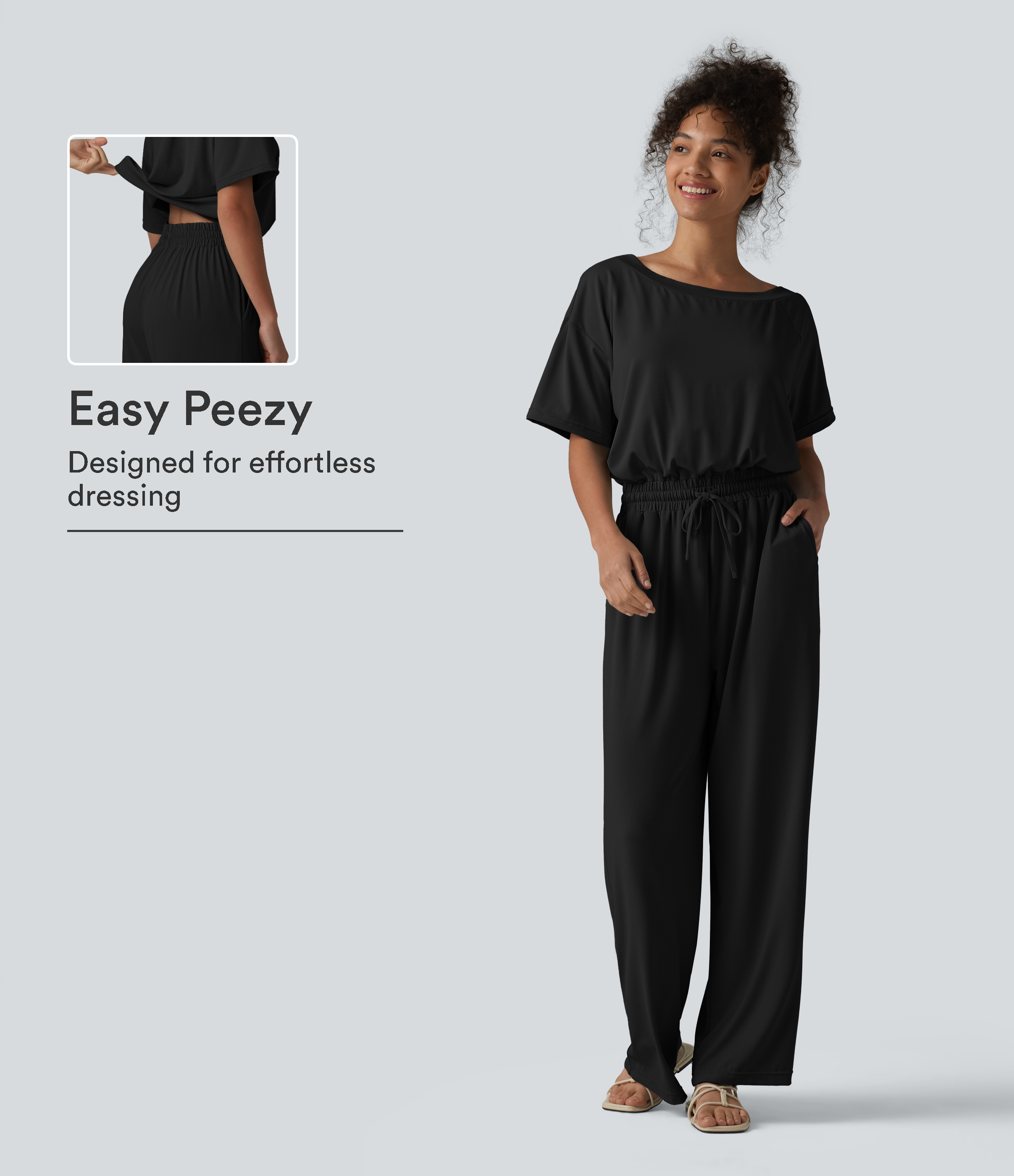 Boat Neck Short Sleeve Drawstring Baggy Casual Jumpsuit with Pockets-Easy Peezy Edition