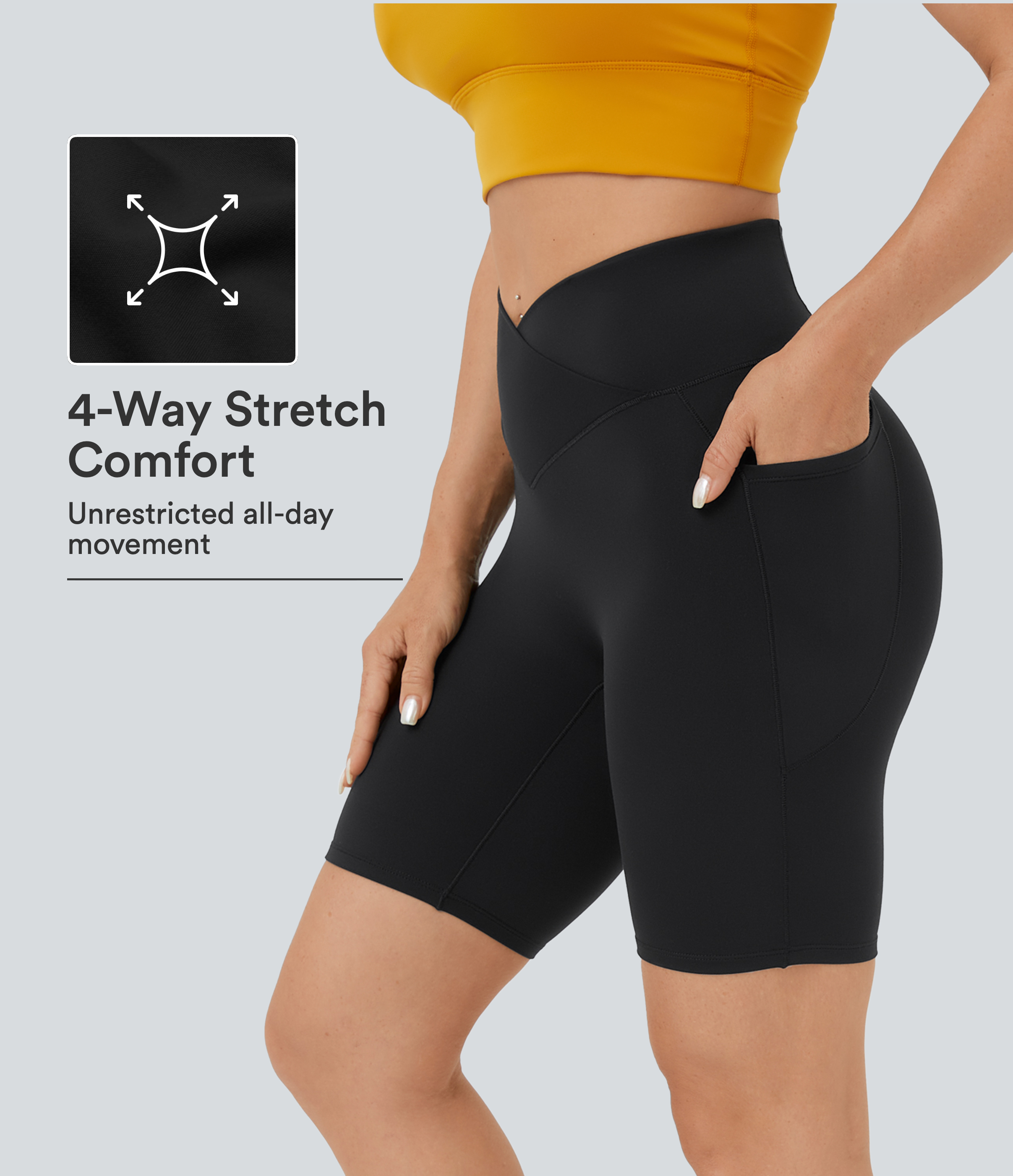 Black SoftlyZero™ High Waisted Crossover Pocket Yoga Biker Shorts 7" / 1