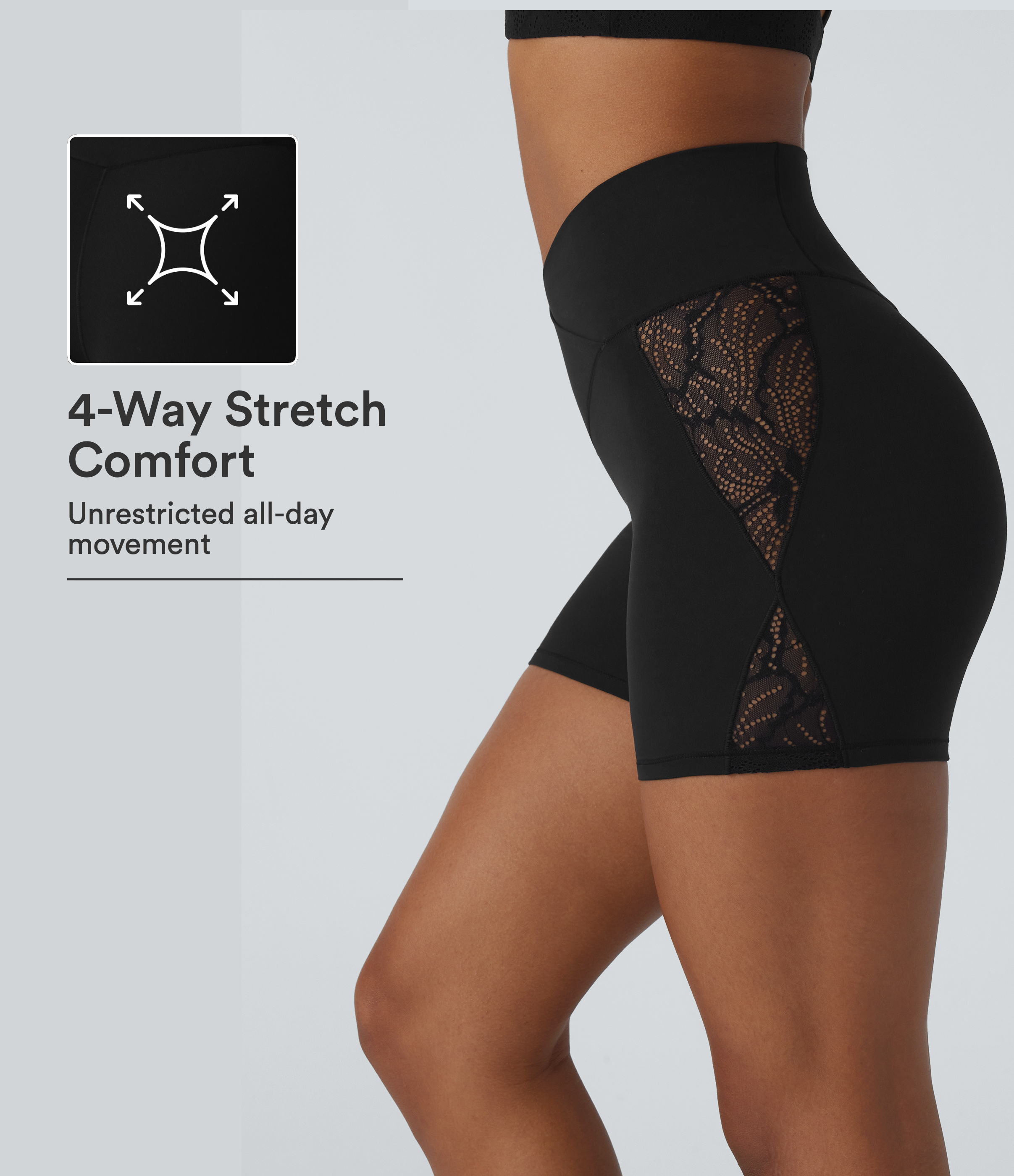 Black SoftlyZero™ High Waisted Crossover Contrast Lace Pocket Yoga Biker Shorts 5'' / 1