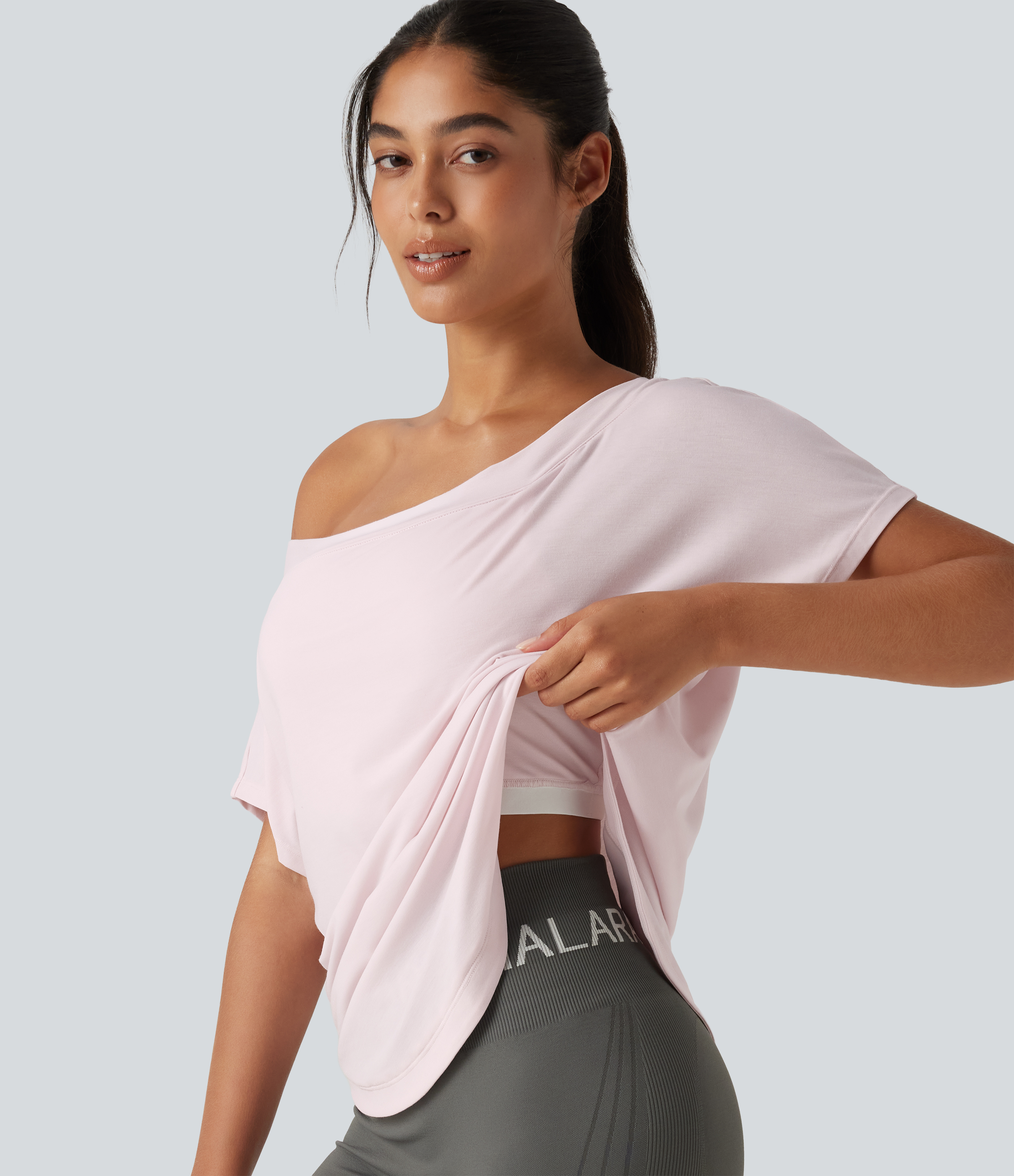 One Shoulder Short Sleeve Curved Hem High Low Quick Dry Yoga Sports Top-Built-in Bra