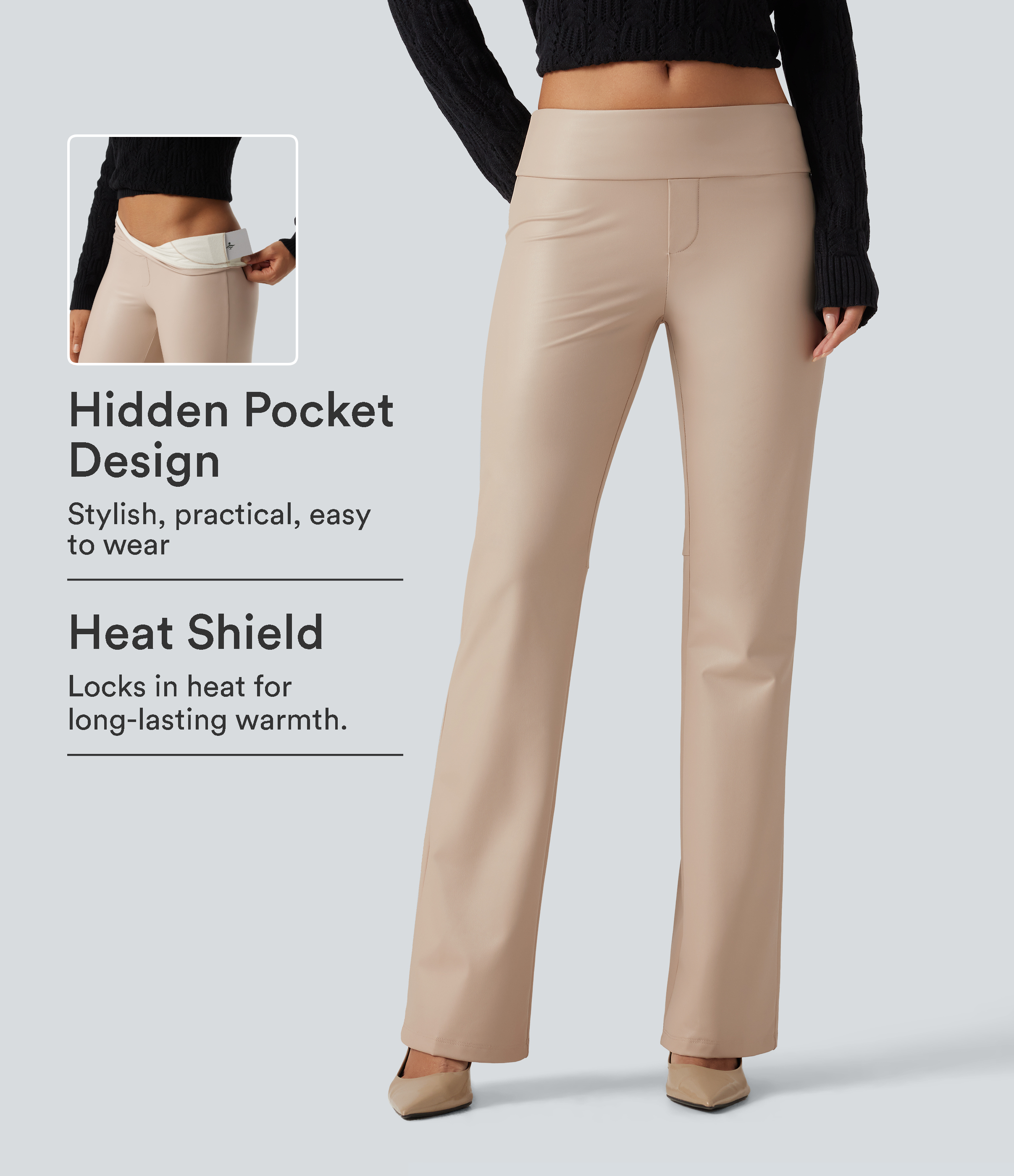 Low Rise Stretchy PU Fleece Bootcut Casual Pants with Pocket