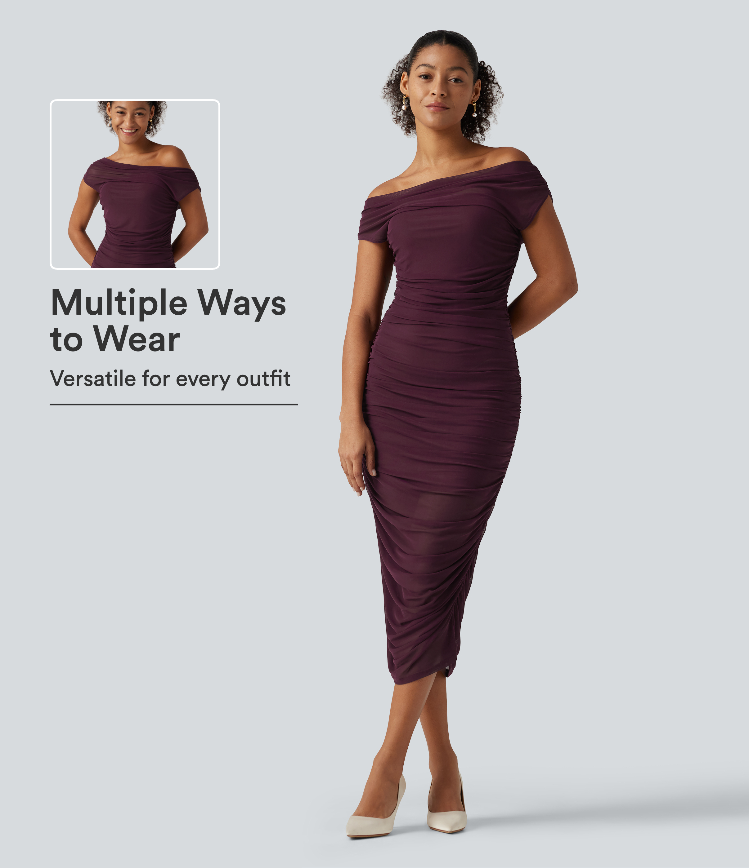 SoftlyZero™ Off Shoulder Ruched Mesh Bodycon Party Midi Dress