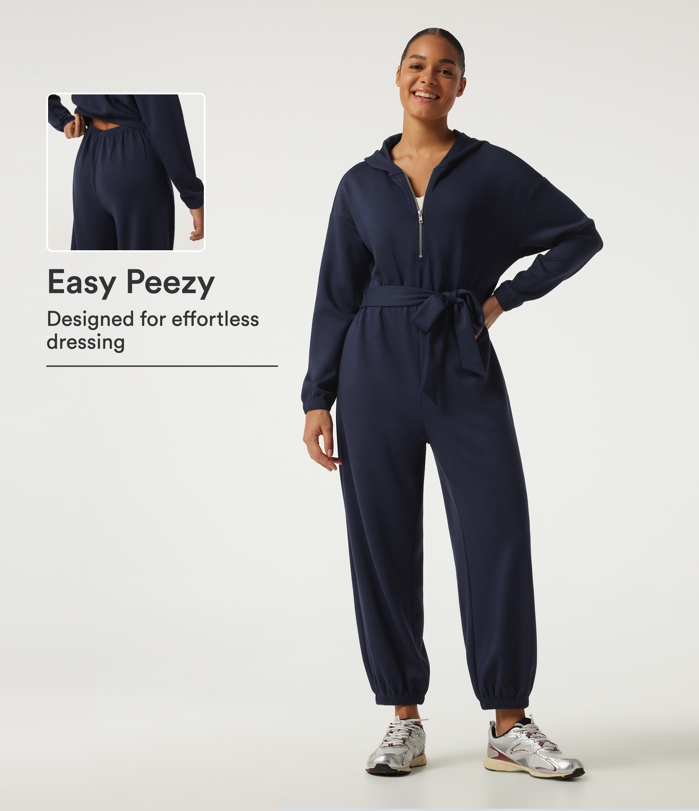 Hooded Dropped Long Sleeve Half Zip Tie Front Casual Jogger Jumpsuit with Pockets-Easy Peezy Edition