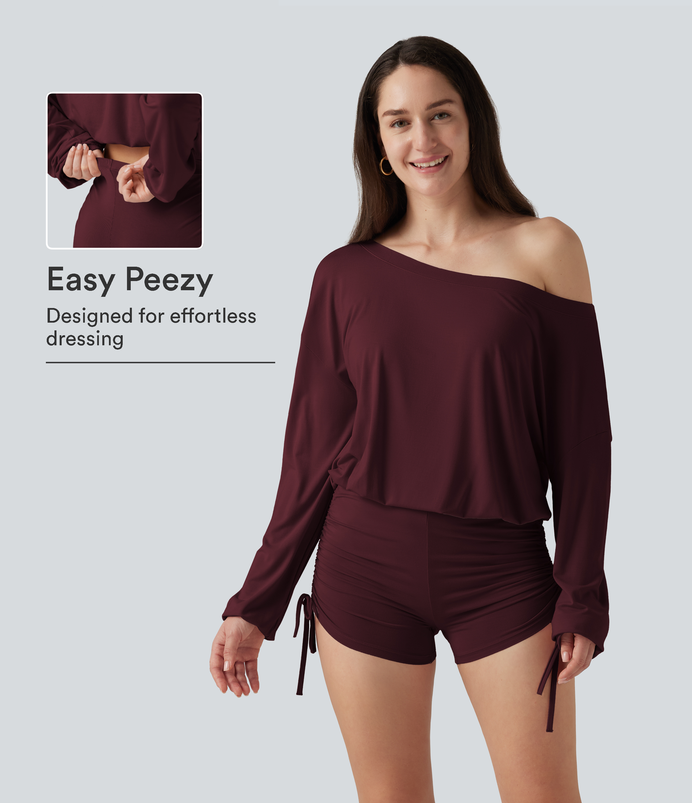 Long Sleeve Ruched Lace Up Lounge Romper -Easy Peezy Edition