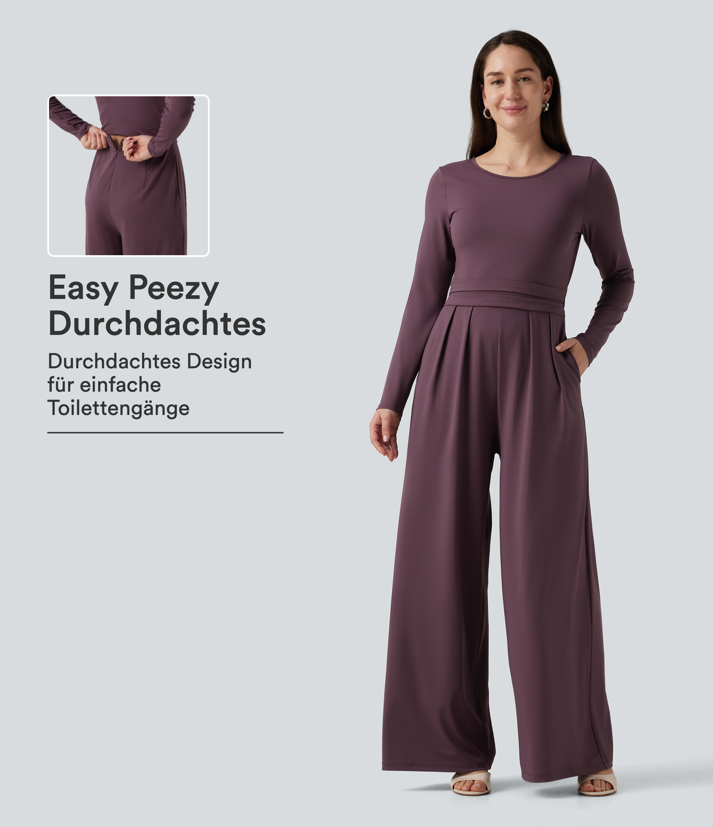 Lässiger Jumpsuit mit Rundhalsausschnitt, Seitentaschen, langen Ärmeln und weitem Bein - Easy Peezy Edition