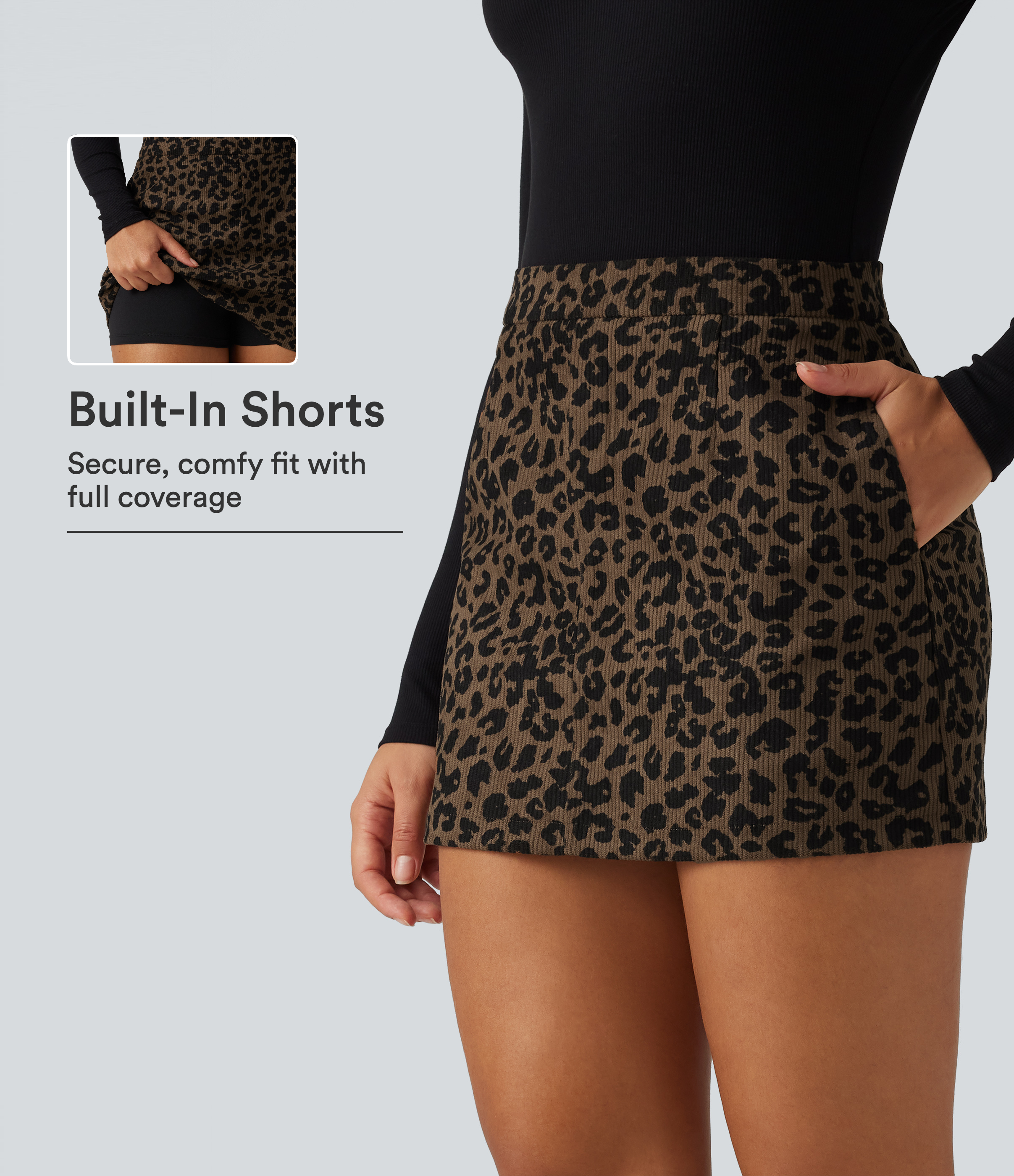 High Waisted Leopard Print Corduroy Casual Mini Skirt with Built-in Shorts and Pockets