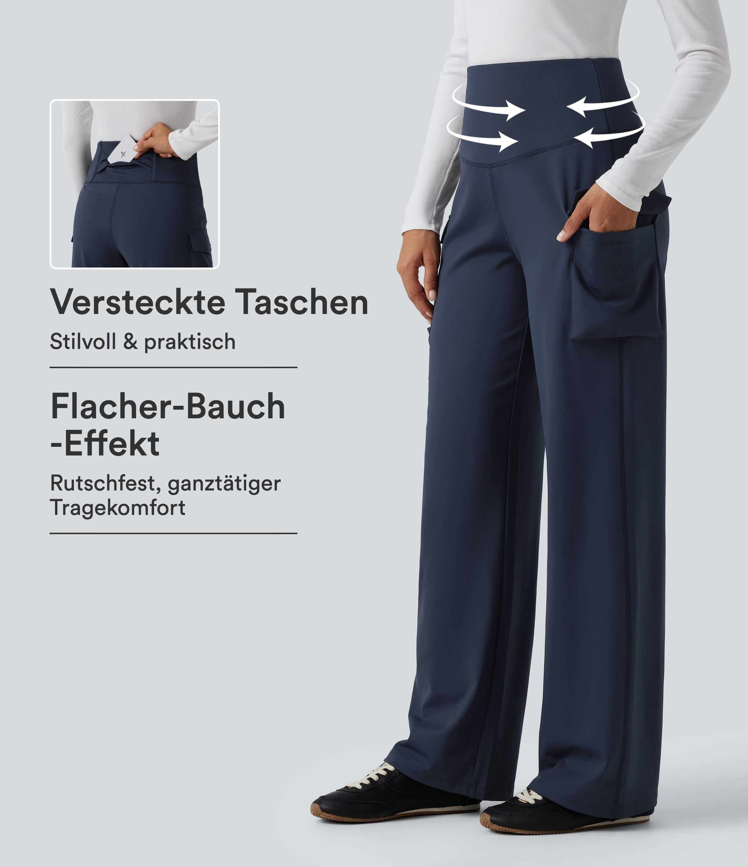 Lässige Cargohose mit hohem Bund, Seitentaschen, Bauchkontrolle und geradem Bein