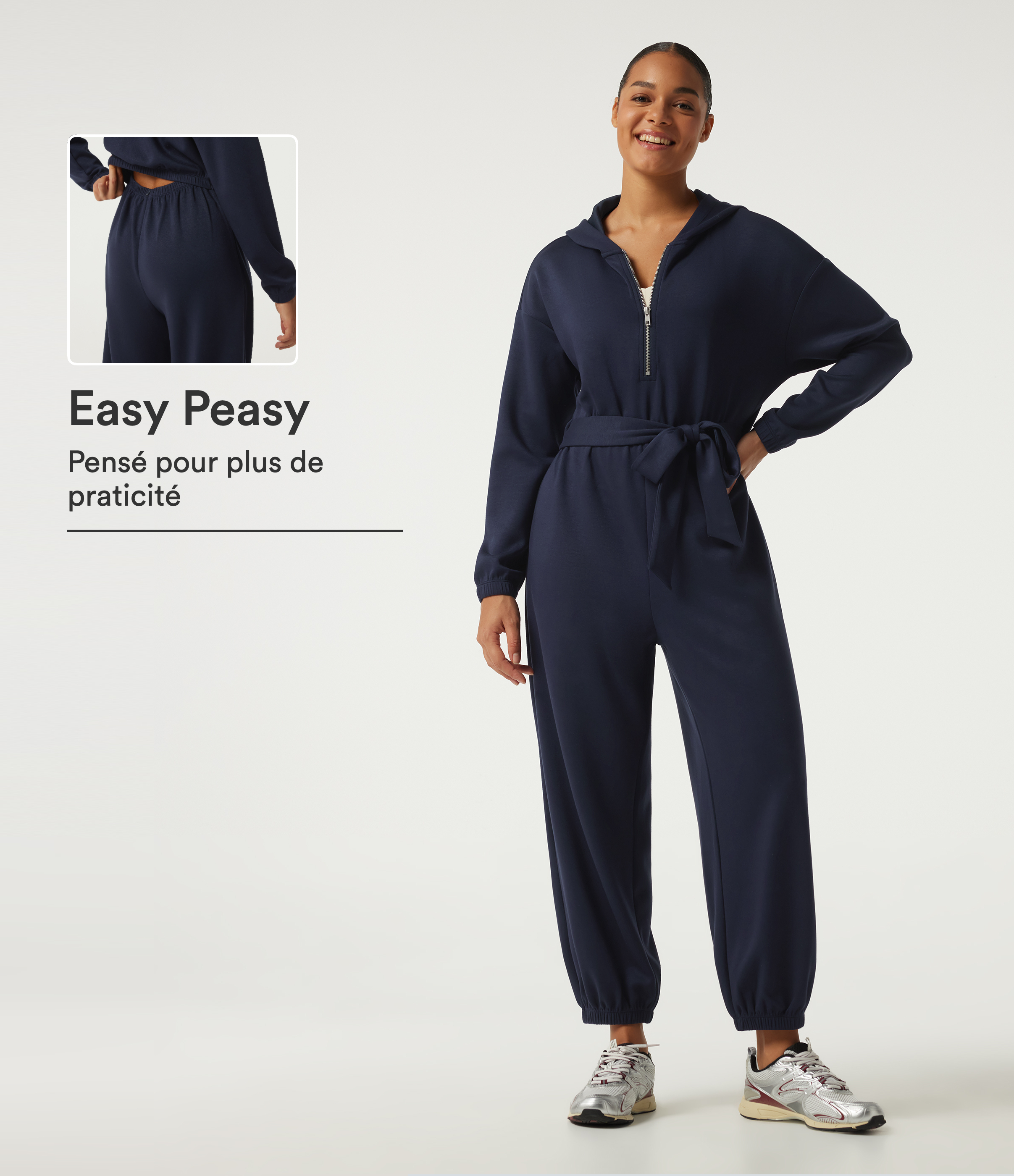 Combinaison accès facile Easy Peasy à capuche, demi-zip et lien devant, coupe jogging 7/8 avec poches