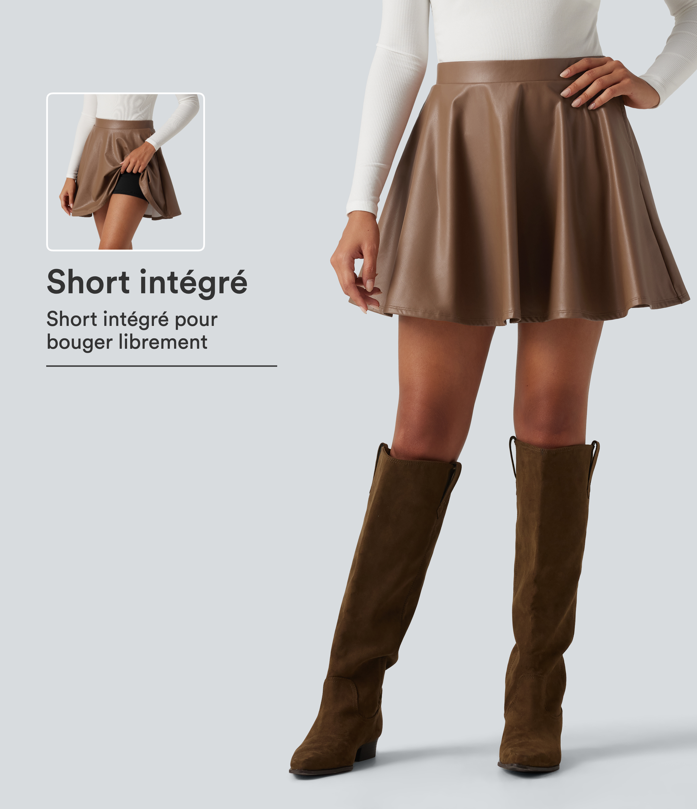 Jupe-short mini en simili doublé polaire à taille haute et coupe trapèze avec poches