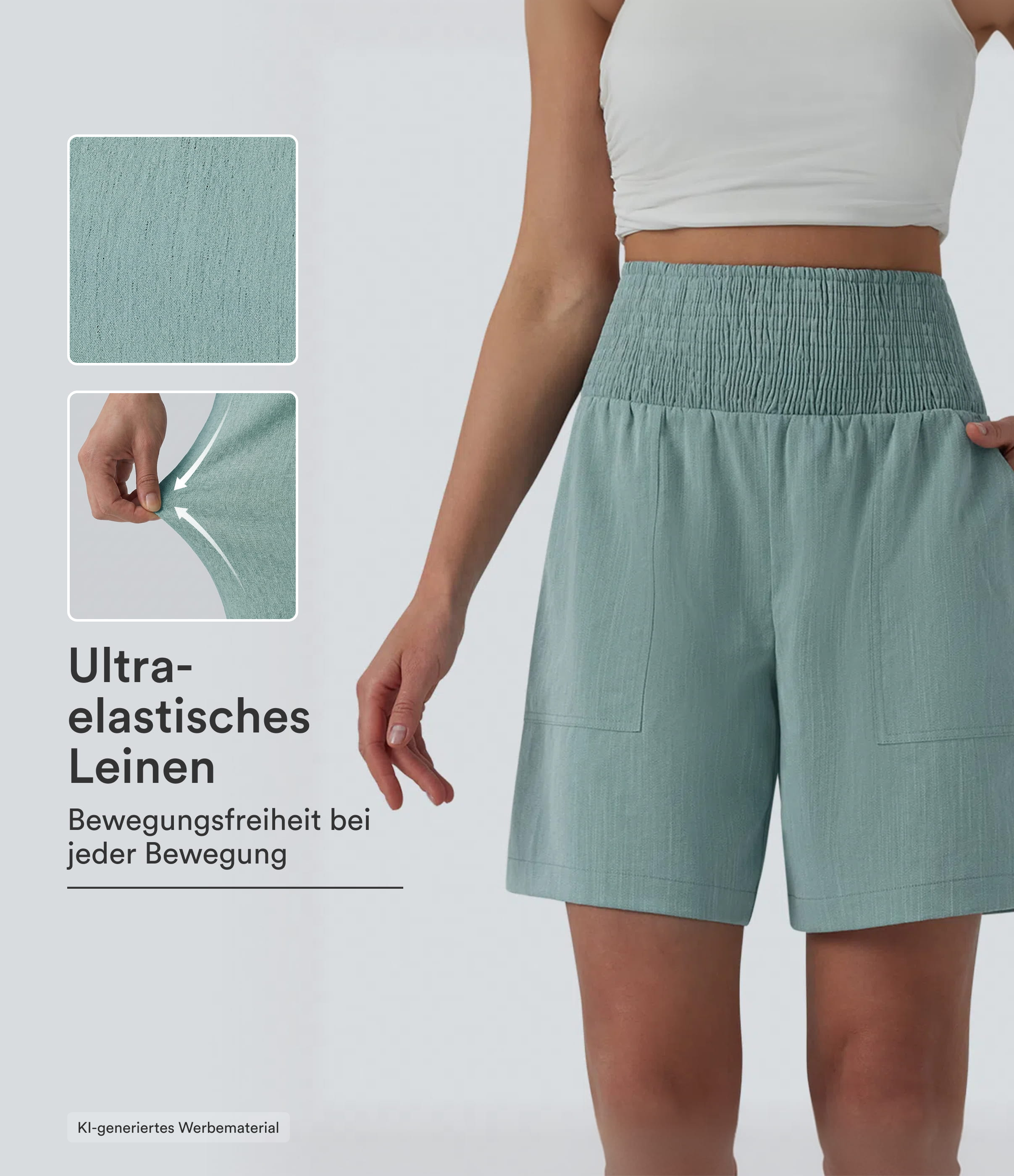 Geraffte Bermuda-Shorts in Leinenoptik mit hohem Bund und Seitentaschen - 17,8 cm