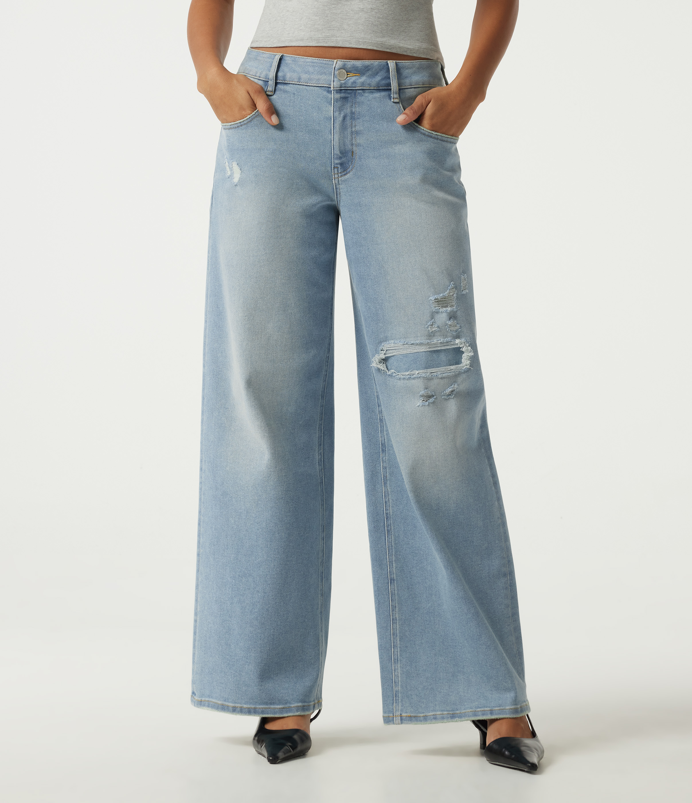 Low Rise Ripped Wide Leg Casual Jeans with Pockets