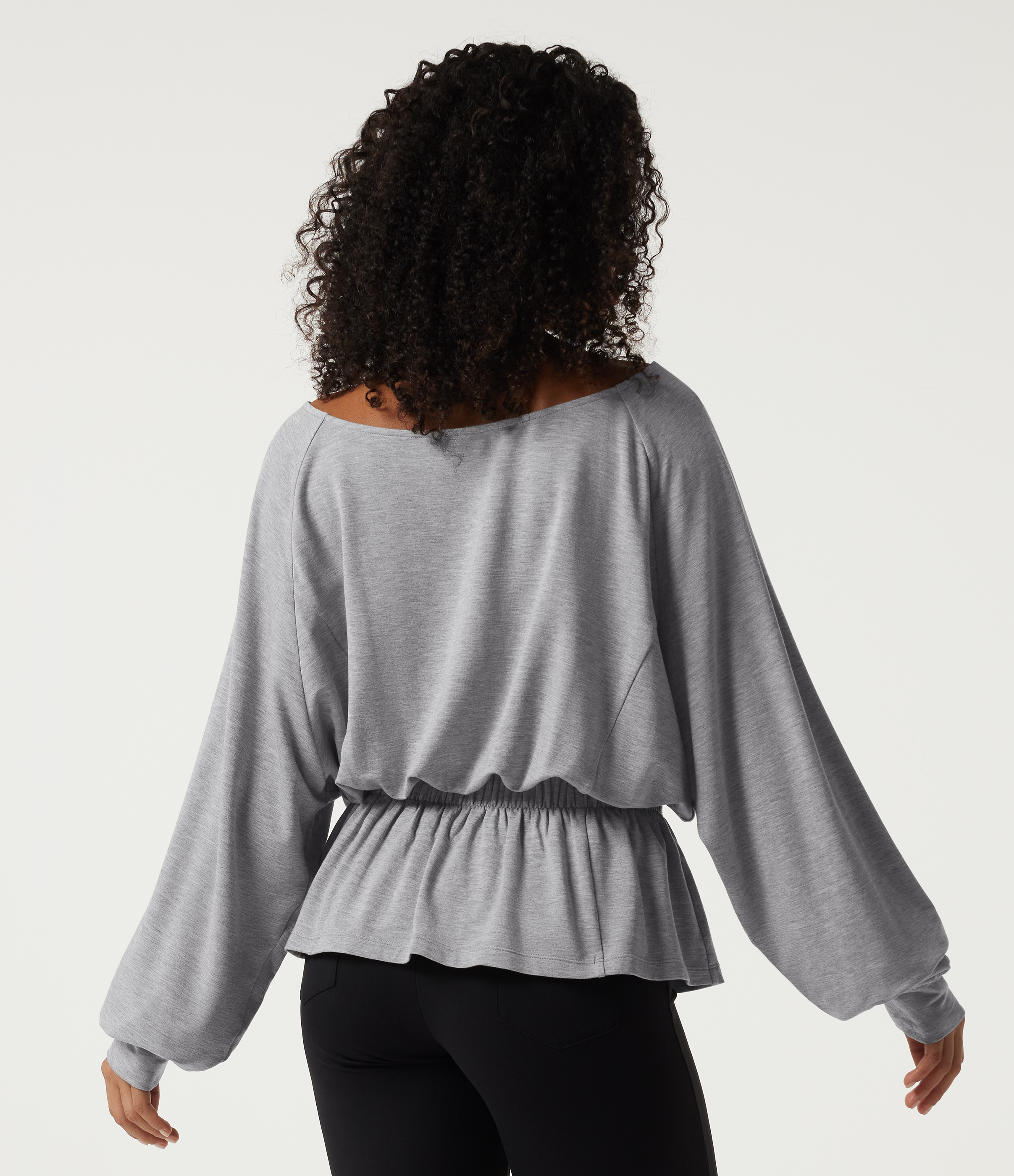 Mottled Grey Boat Neck Batwing Long Sleeve Casual Top / 2