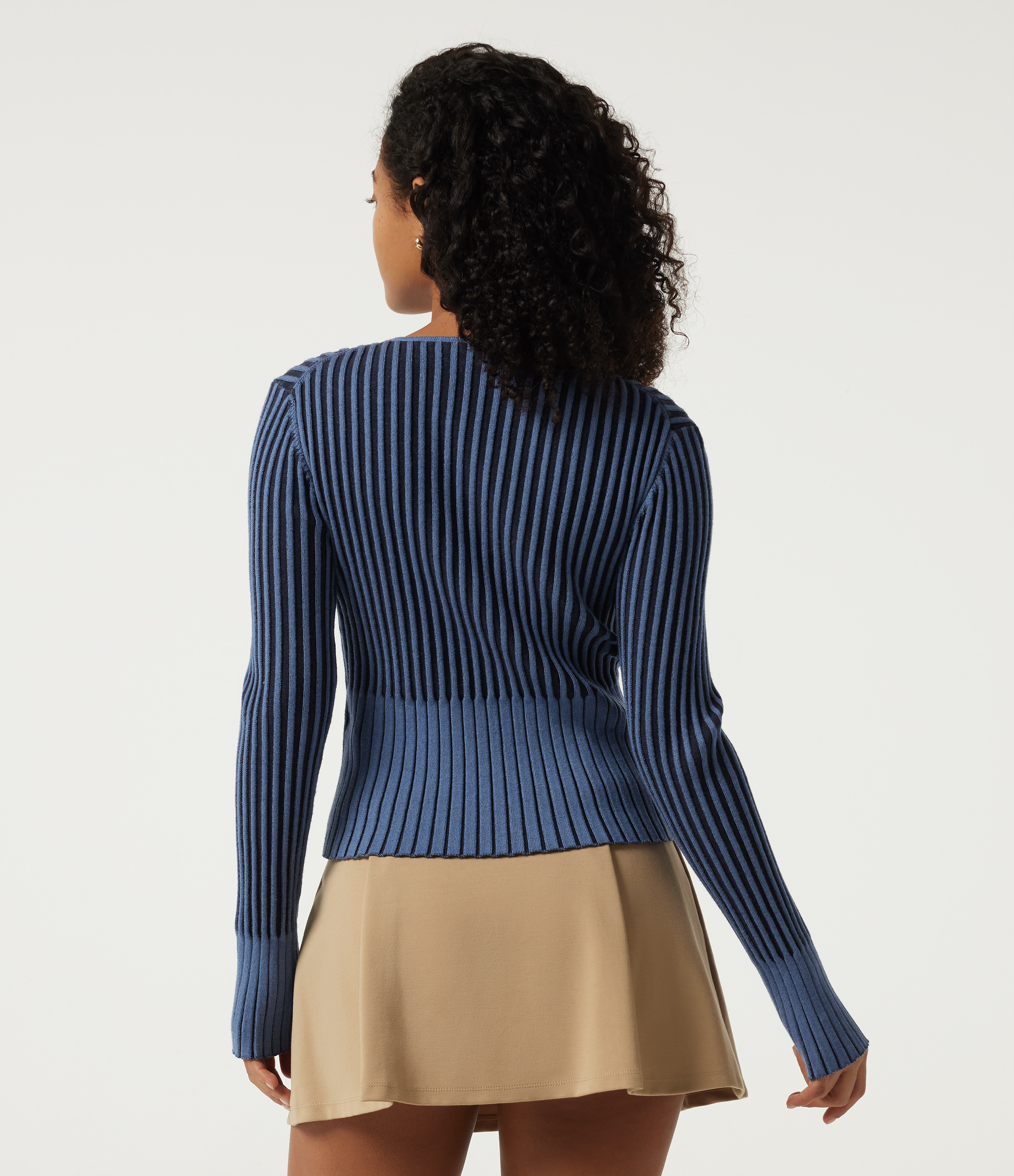 Moonlight Blue Ribbed Knit Round Neck Long Sleeve Slim Work Cardigan / 2