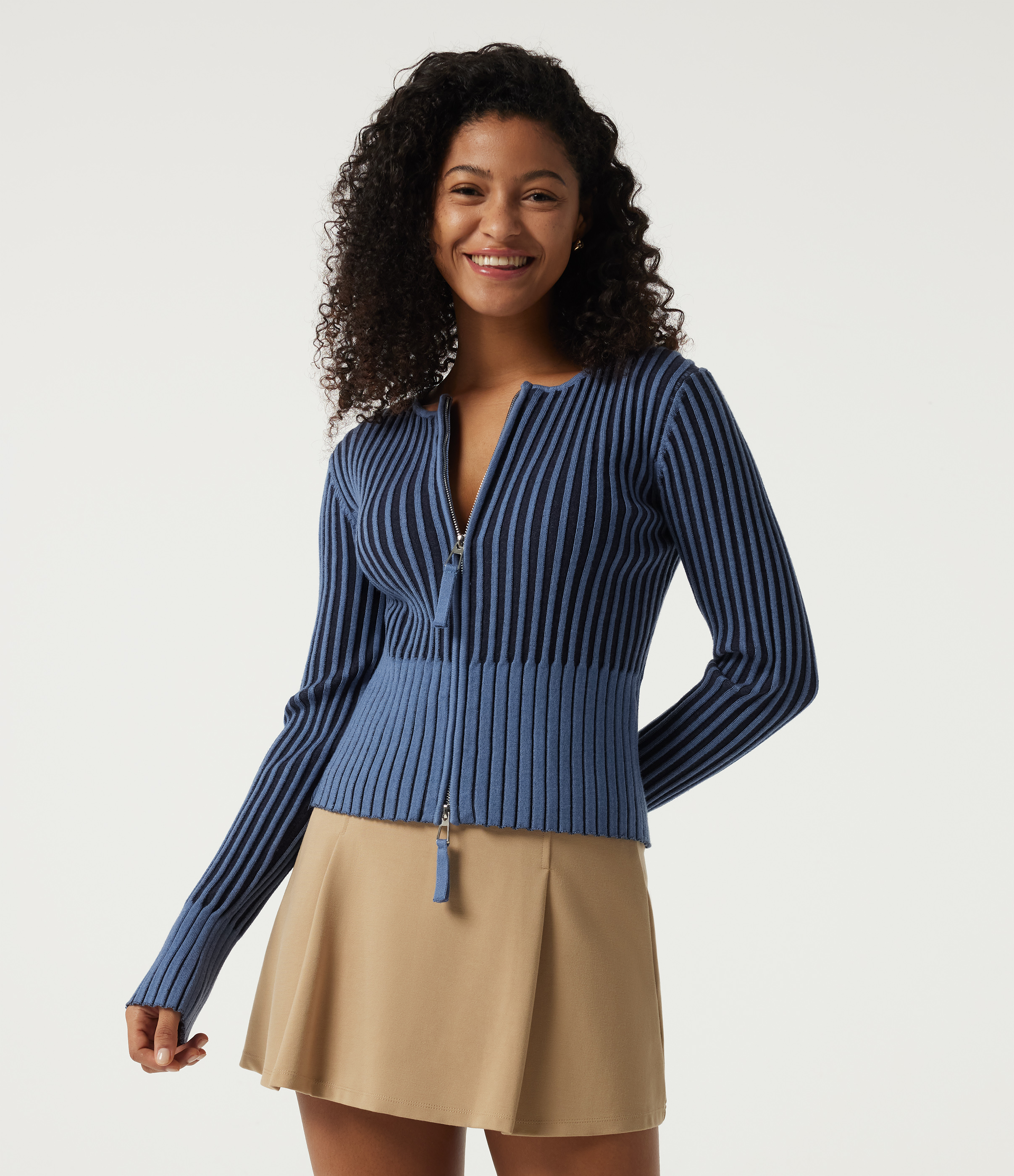 Ribbed Knit Round Neck Long Sleeve Slim Work Cardigan
