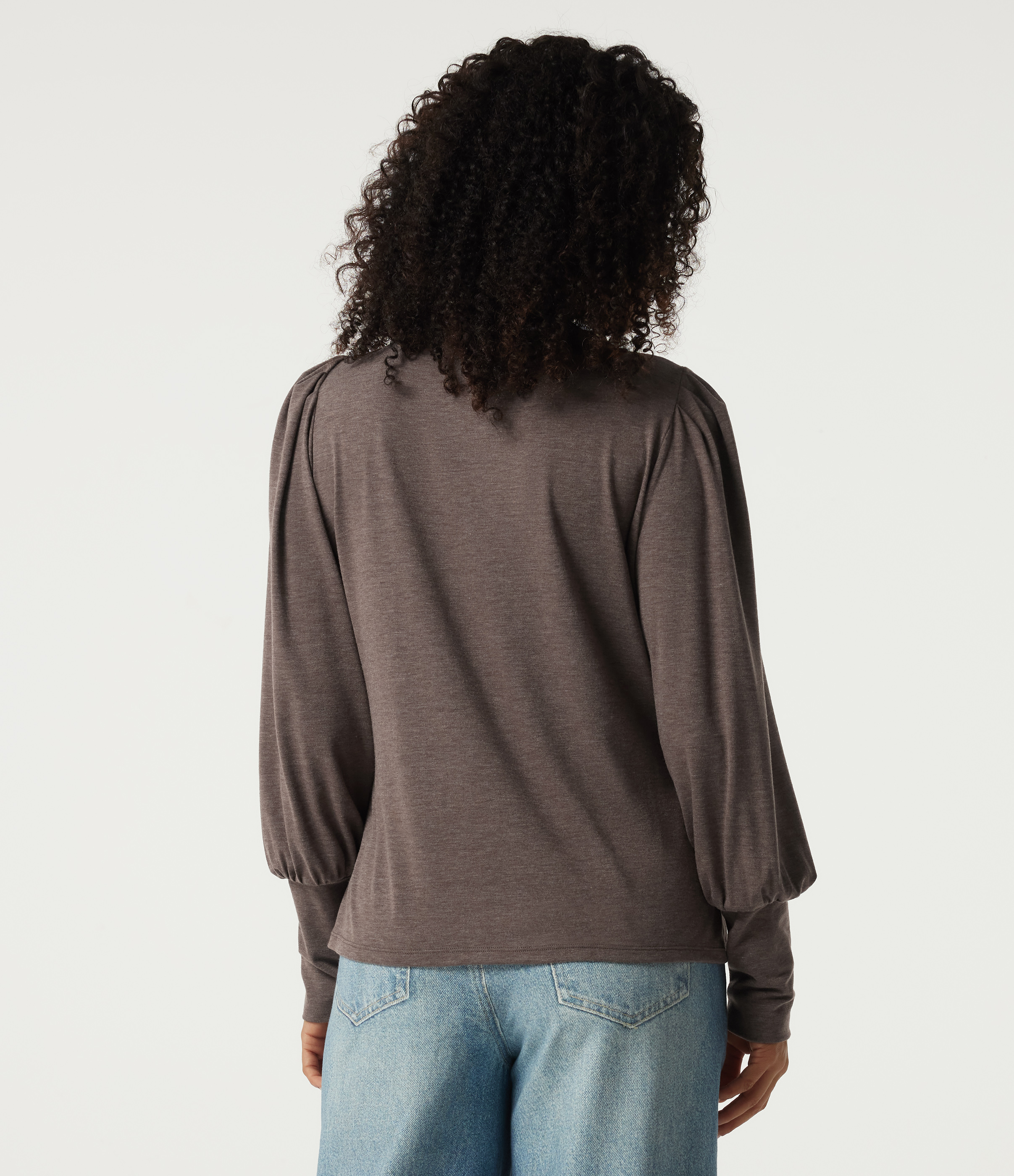 Deep Tea Brown Floral Yarn Lässiges Top mit Stehkragen und langen Ärmeln / 2