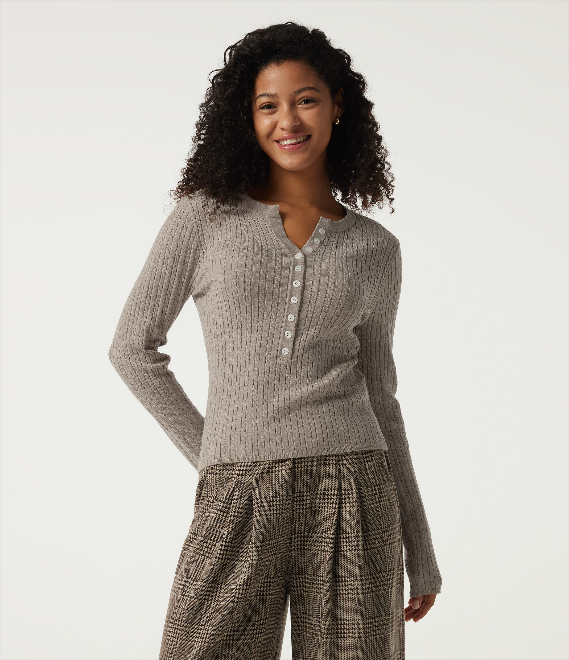 Henley Neck Cable Stitch Long Sleeve Work Sweater