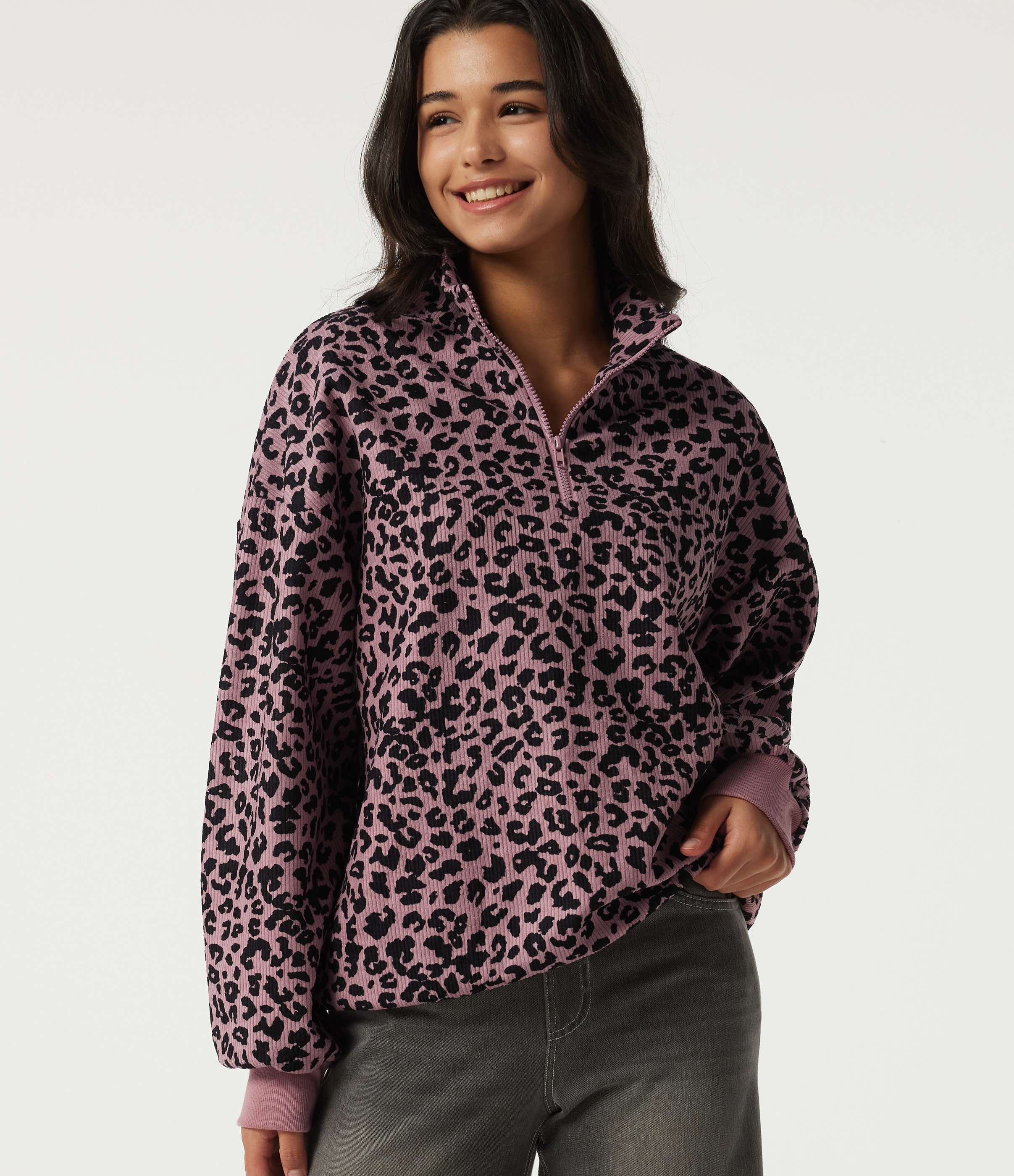 Stand Collar Long Sleeve Leopard Print Casual Top