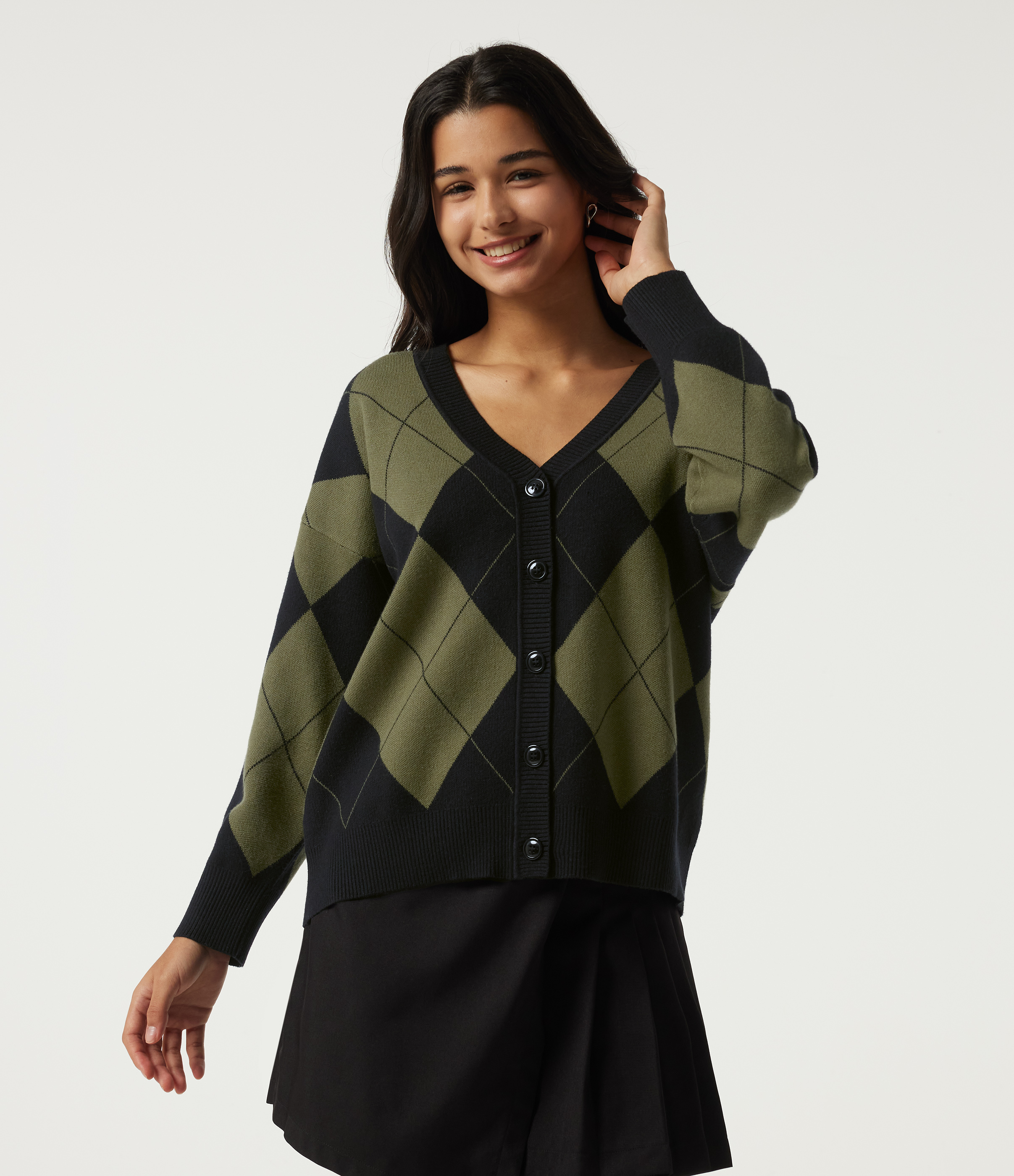 V Neck Long Sleeve Diamond Check Casual Cardigan