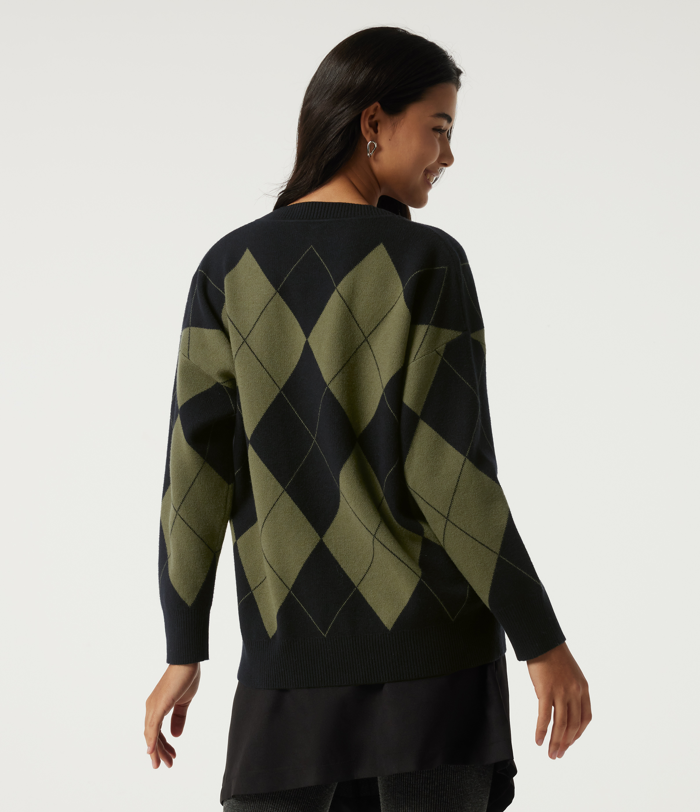 Field Noir V Neck Long Sleeve Diamond Check Casual Cardigan / 2