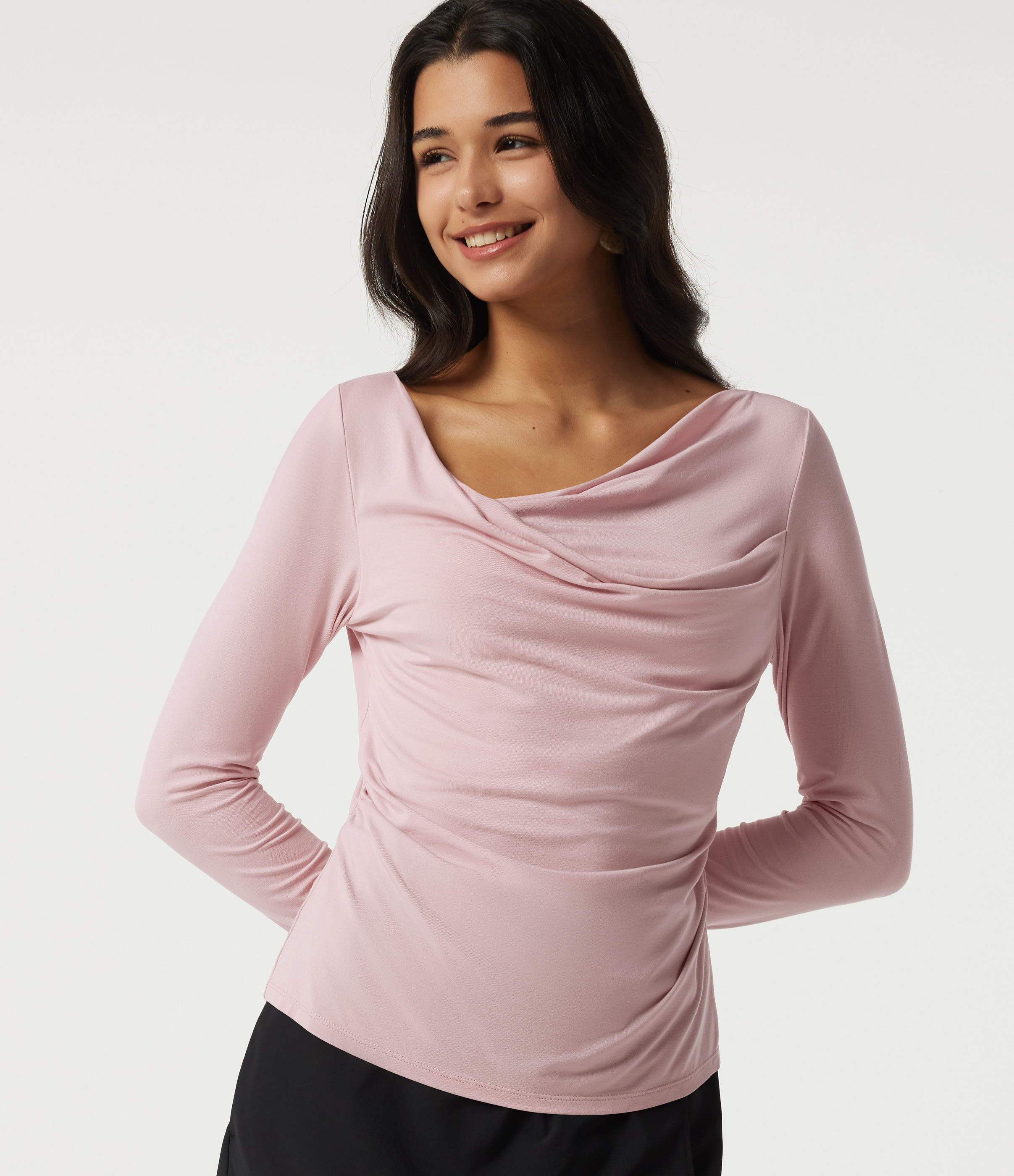 Cowl Neck Long Sleeve Ruched Casual T-Shirt