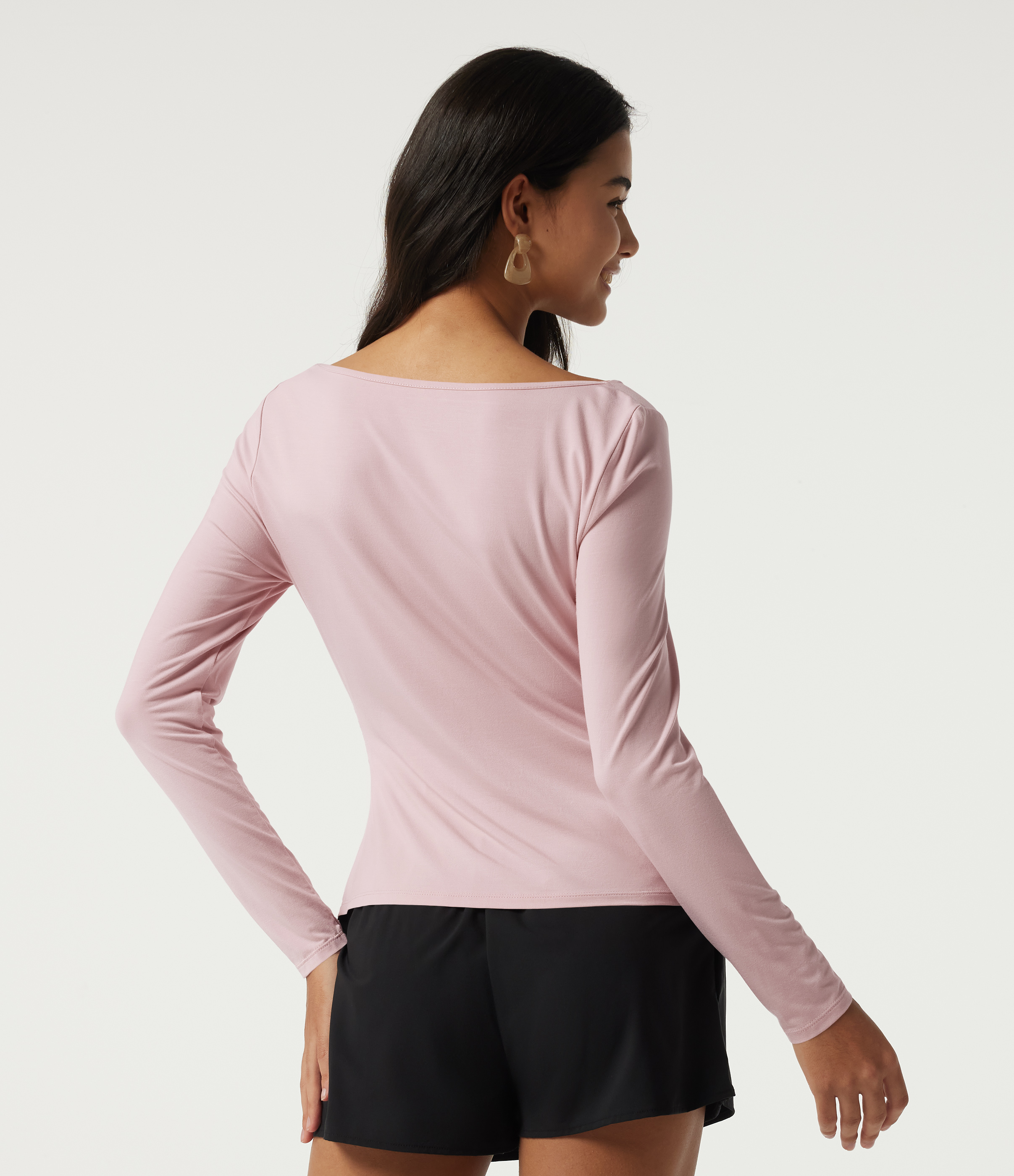 Pinkish Petals T-shirt décontracté à col bénitier et manches longues froncées / 2