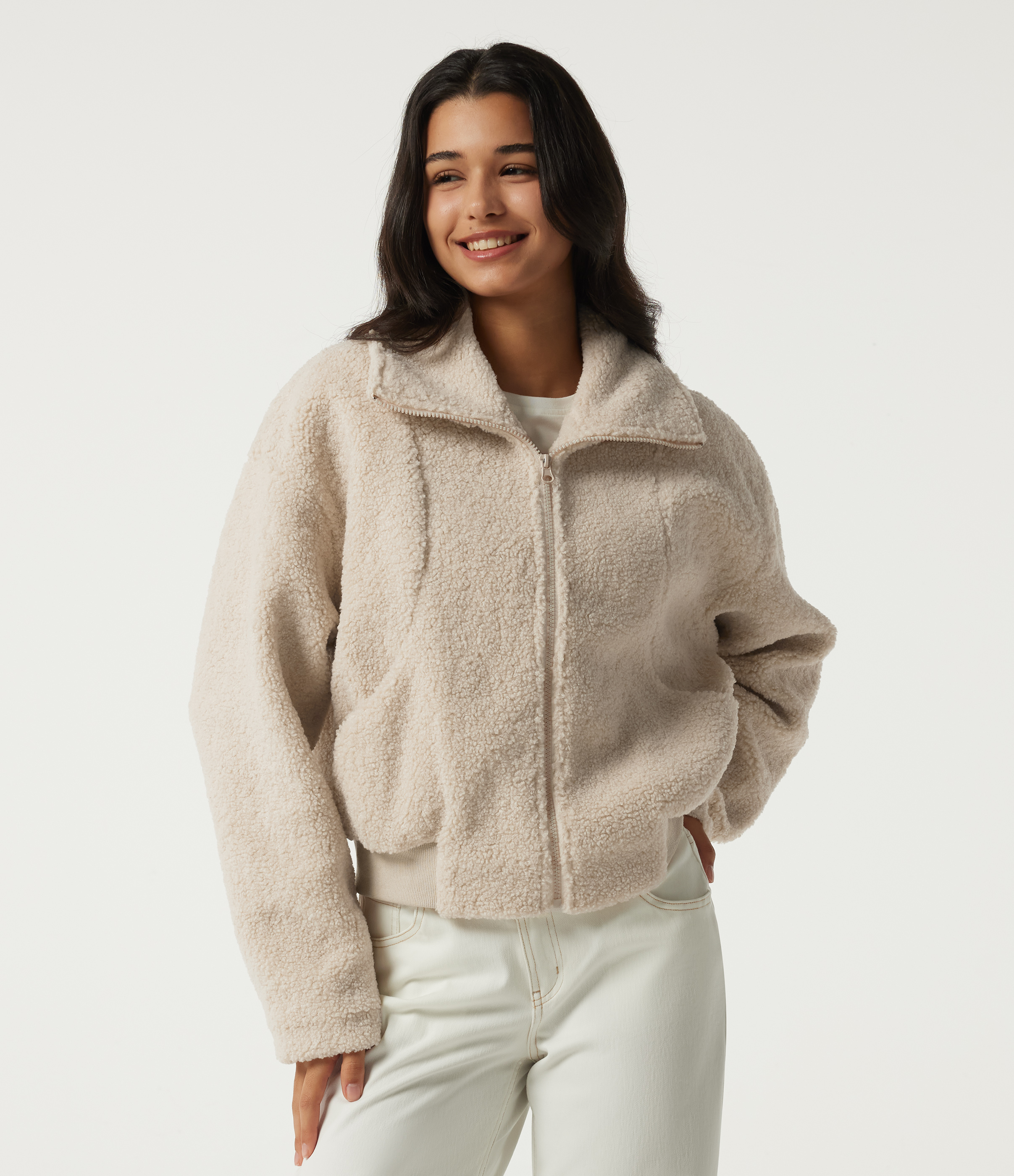 Stand Collar Long Sleeve Casual Sherpa Jacket with Pockets
